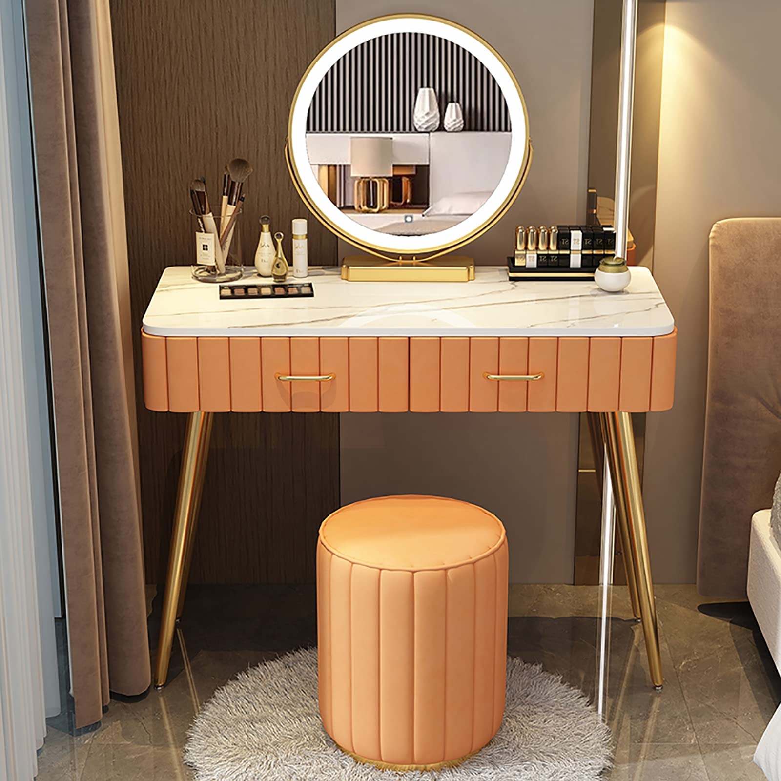 Set tavolo illuminato a LED con sgabello imbottito ribaltabile in legno massello, stazione di trucco design per una facile mobilità, perfetto per la camera da letto e gli amanti del trucco