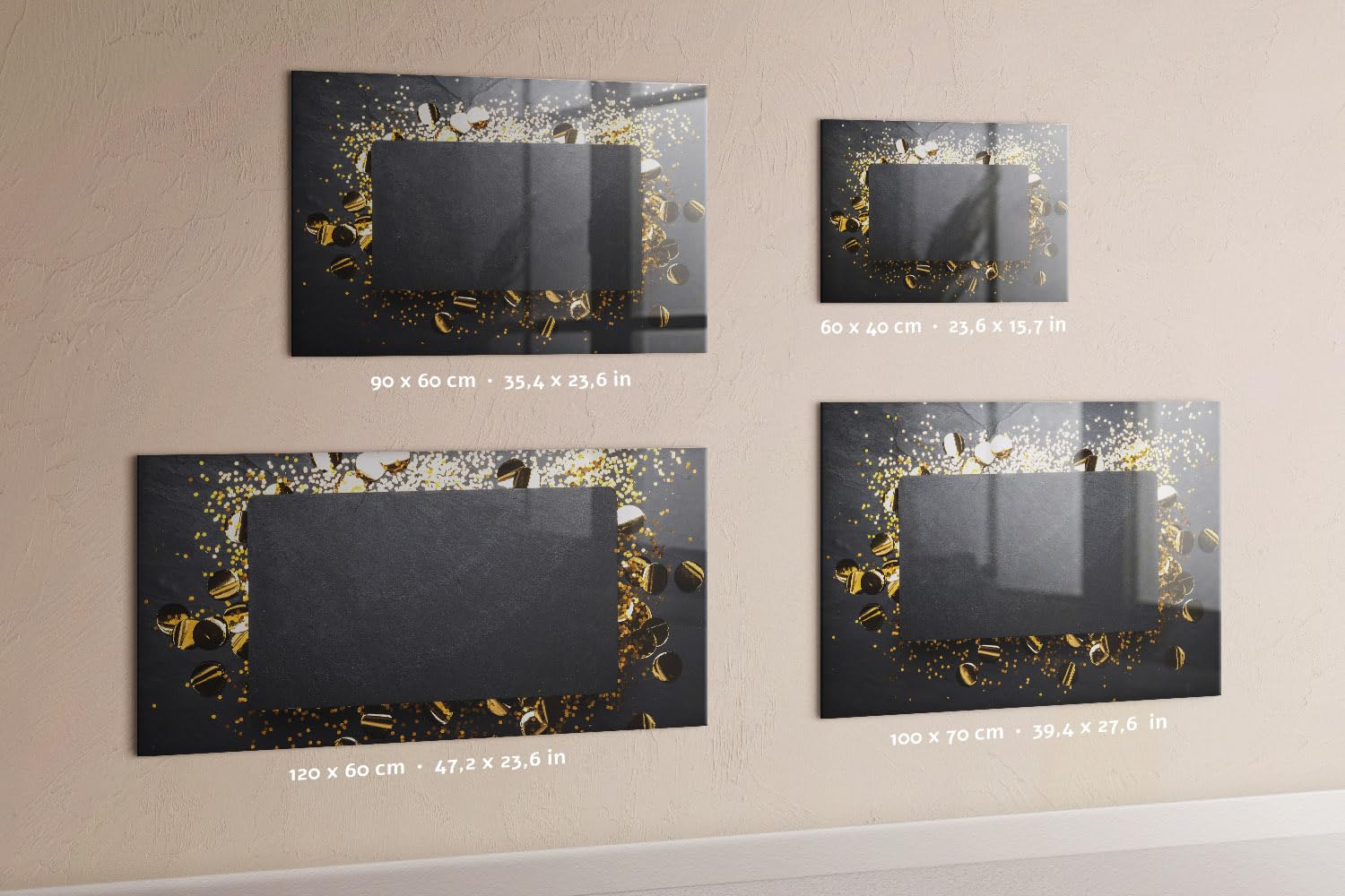 Glas-Magnetboard modern | Komplettset mit Neodym-Magneten, Marker & Schwamm | Glänzende, robuste Schreibfläche | Optimal für Büroorganisation & Meetingräume- 90x60 - Goldene Konfetti