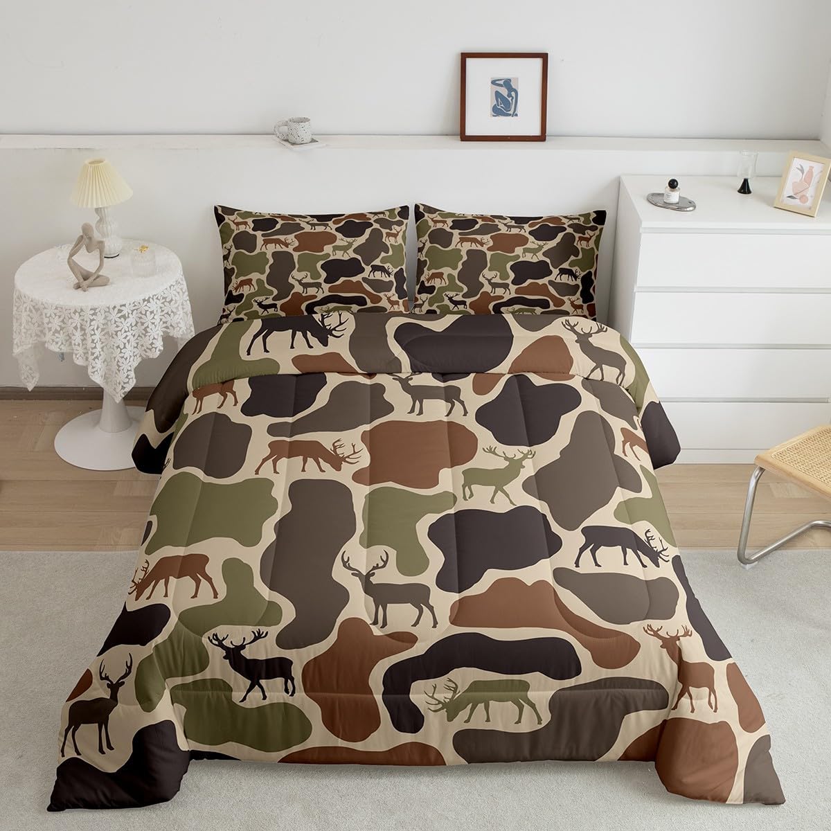 Erosebridal Camo Deer Bedding Set Full Camouflage Hunting Deer Comforter Set for Kids Girls Women Green Military Army Camo Down Comforter Country Hunter Wildlife Bed Set Bedroom Decor