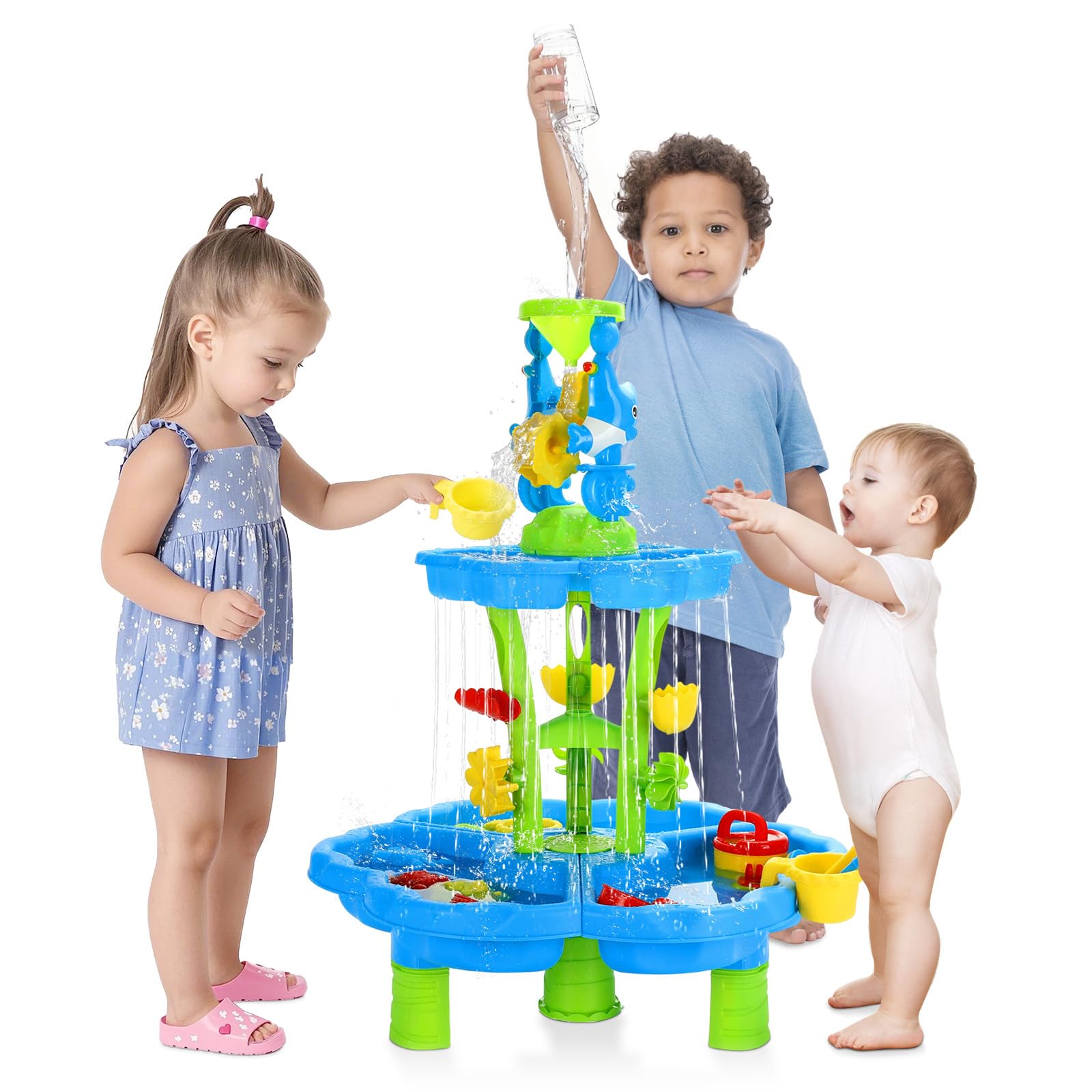 MoKo Water Table for Toddler 3+, 3-Tier Water Table for Kids Ages 4-8 for Outdoors Play, Kids Water and Sand Activity Sensory Playset, Sensory Table for Summer Beach Backyard, Blue-Green Dolphins