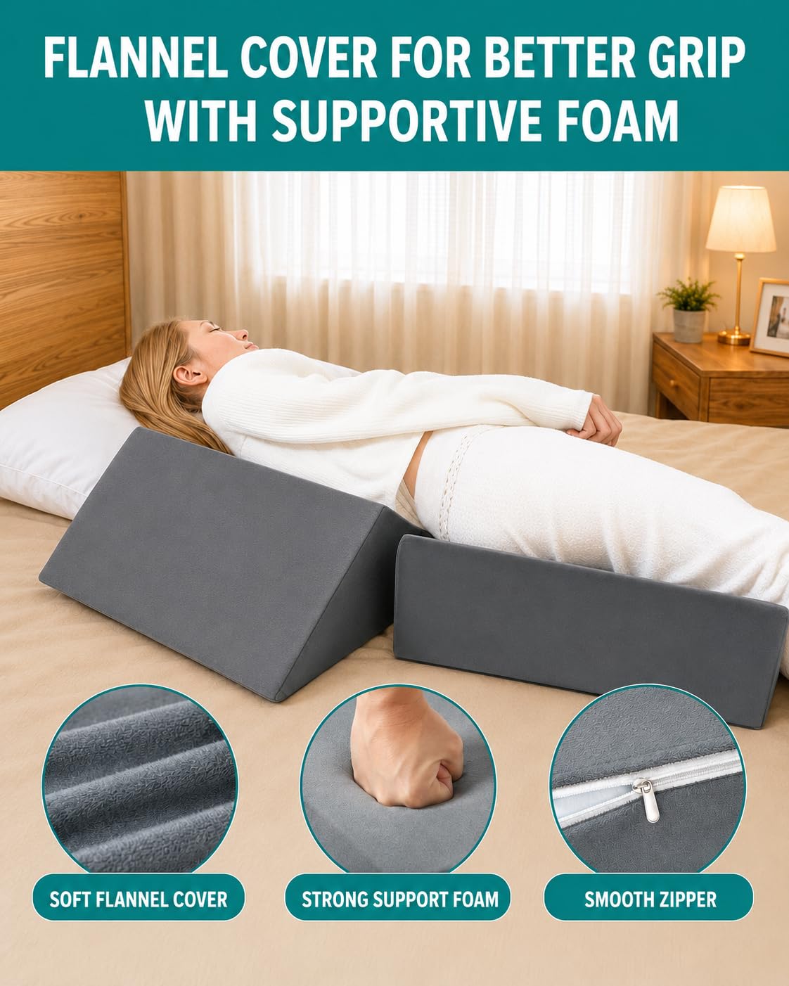 Juego de 3 almohadas de cuña para cama – Almohadas de cama y posicionadores para dormir de lado, almohadas de cuña de espuma para aliviar el dolor de espalda, postoperatoria, úlceras por cama,