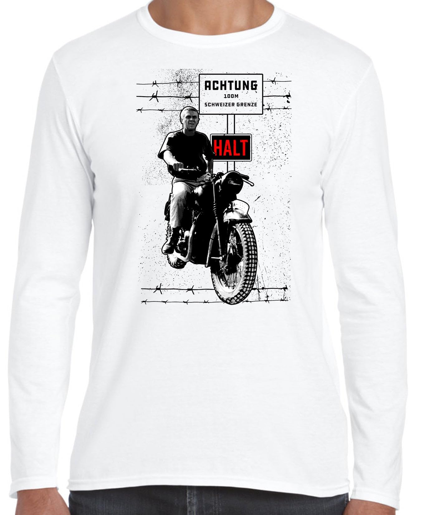 The Great Escape Achtung Long Sleeve T-Shirt Featuring Steve McQueen XL/White