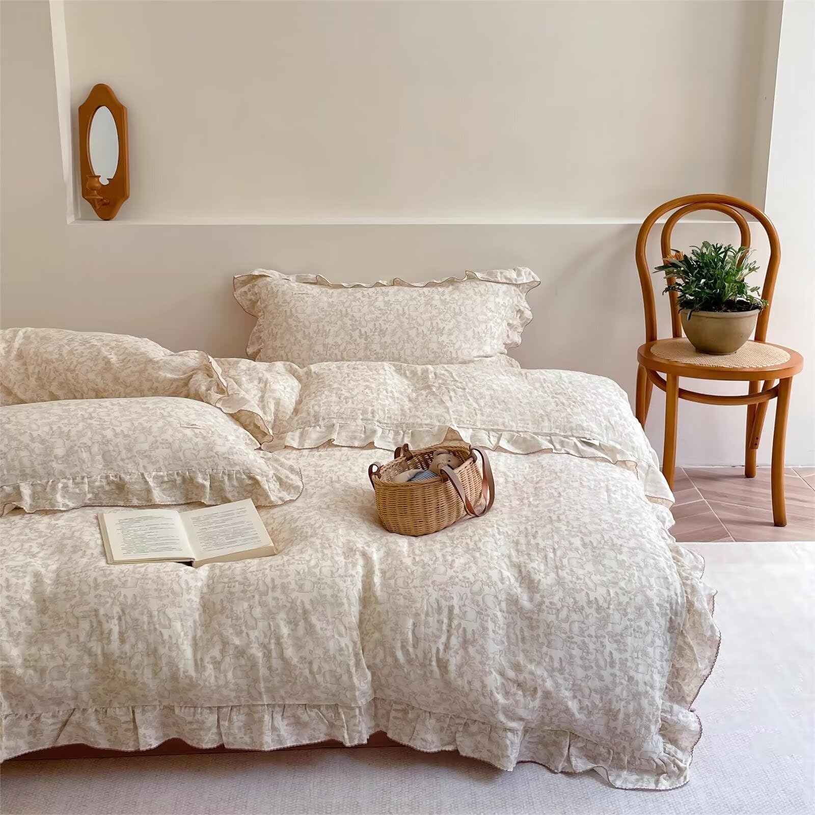 BuLuTu Forest Rabbit Print Muslin Duvet Cover Full with Ruffles, No Pillow