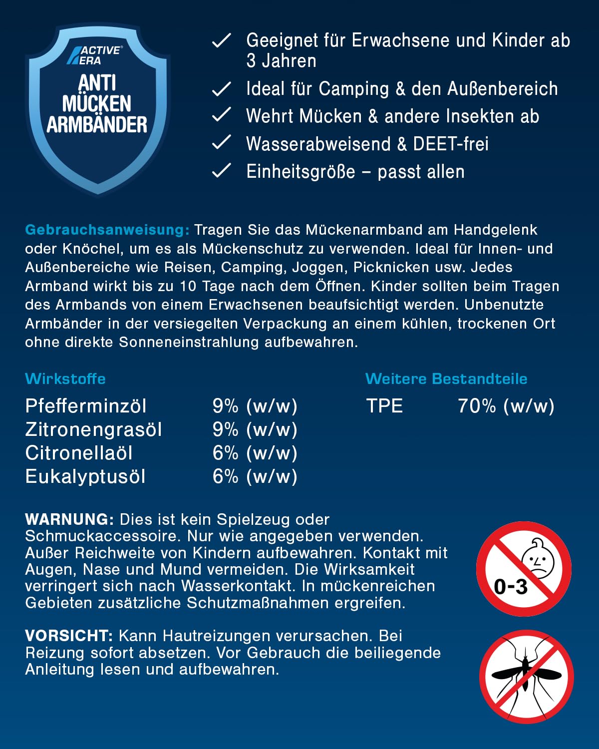 Active Era Mückenschutz Armband (4 Stk), Mückenabwehr Outdoor, Camping - Anti Mückenarmband Kinder & Erwachsene + 8 Nachfüll Tab - Nachfüllbar, Wasserfest, bis zu 80 Tage Schutz, 100% DEET frei