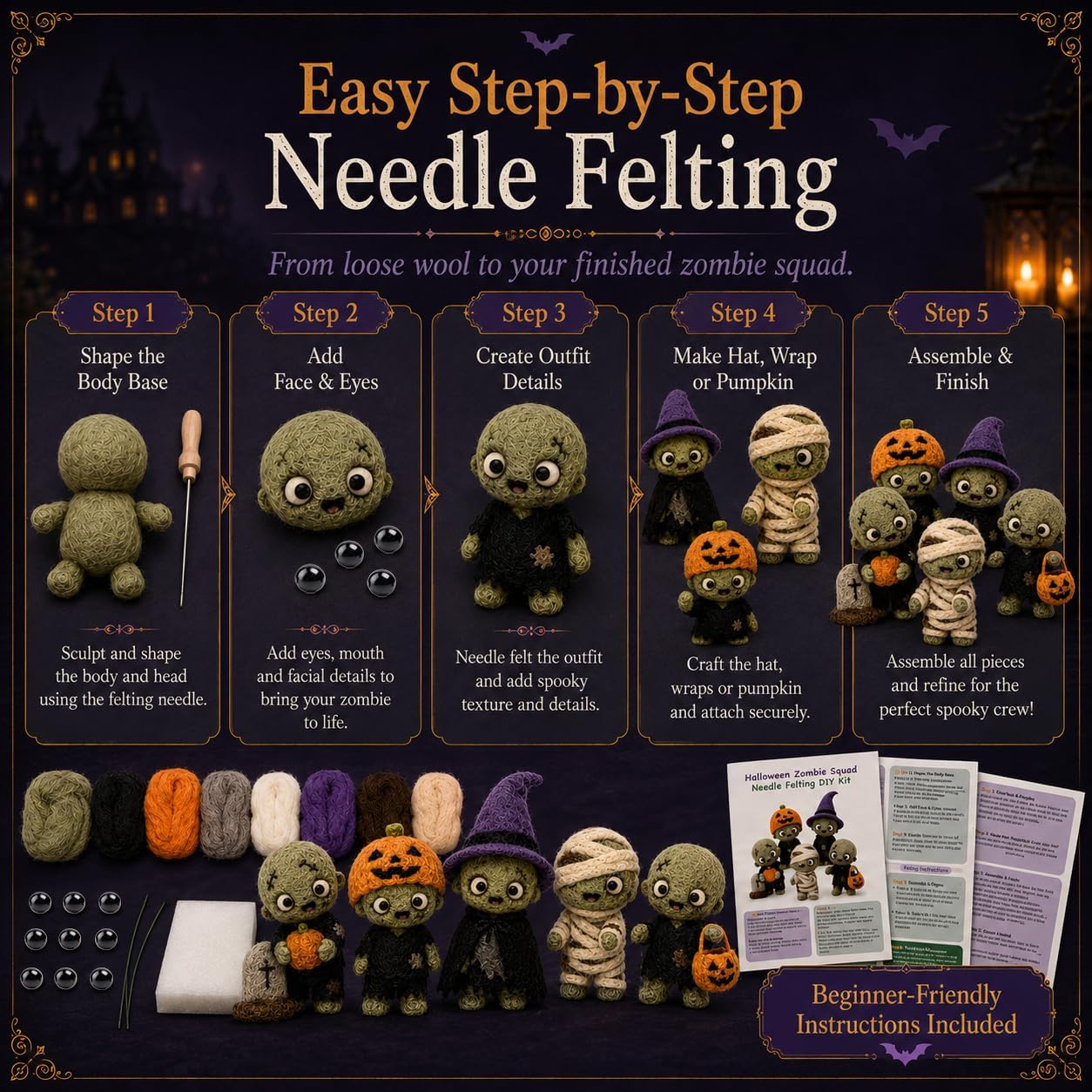 FACE N FACE DIY Needle Felting Zombie Family Kit, 5 Halloween Felt Figures image 3