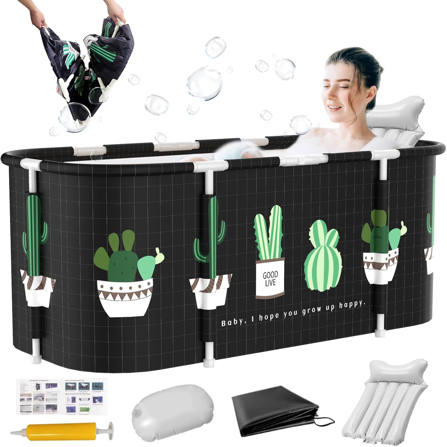 48 Inch Large Portable Foldable Bathtub,Family Spa Soaking Tub for Adult,Collapsible Ice Bath Tub,Japanese Freestanding Bathtub,Efficient Constant Temperature,Temperature for Small Bathrooms Cactus
