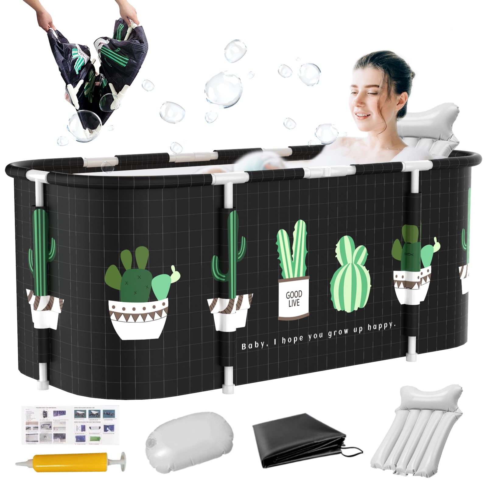 Photo 1 of 48 Inch Large Portable Foldable Bathtub,Family Spa Soaking Tub for Adult,Collapsible Ice Bath Tub,Japanese Freestanding Bathtub,Efficient Constant Temperature,Temperature for Small Bathrooms Cactus