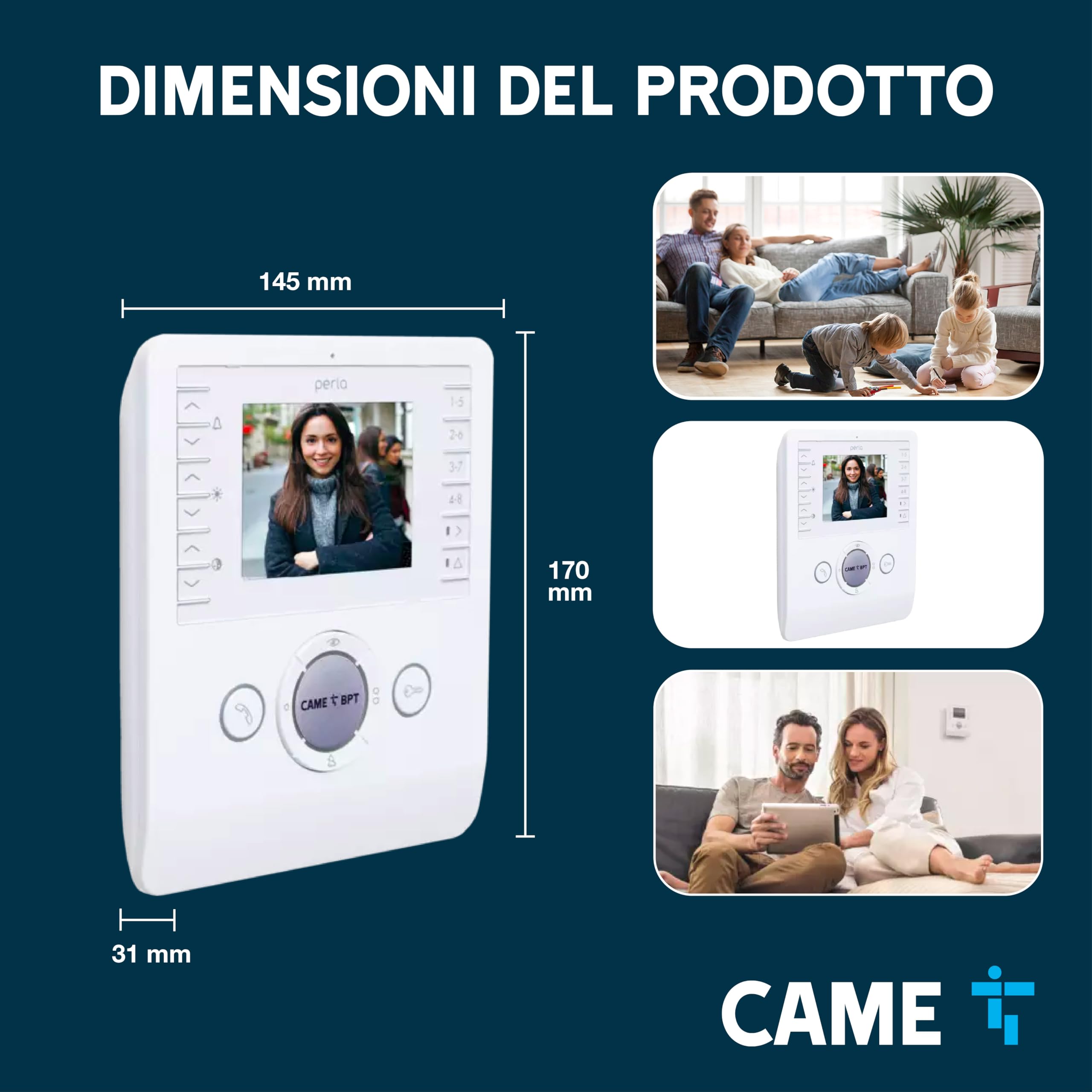 CAME Videocitofono vivavoce PERLA bianco con display LCD 3.5", ottima qualità video, due tasti AUX programmabili, compatibile con sistemi X1 e XIP, per una gestione sicura degli accessi residenziali