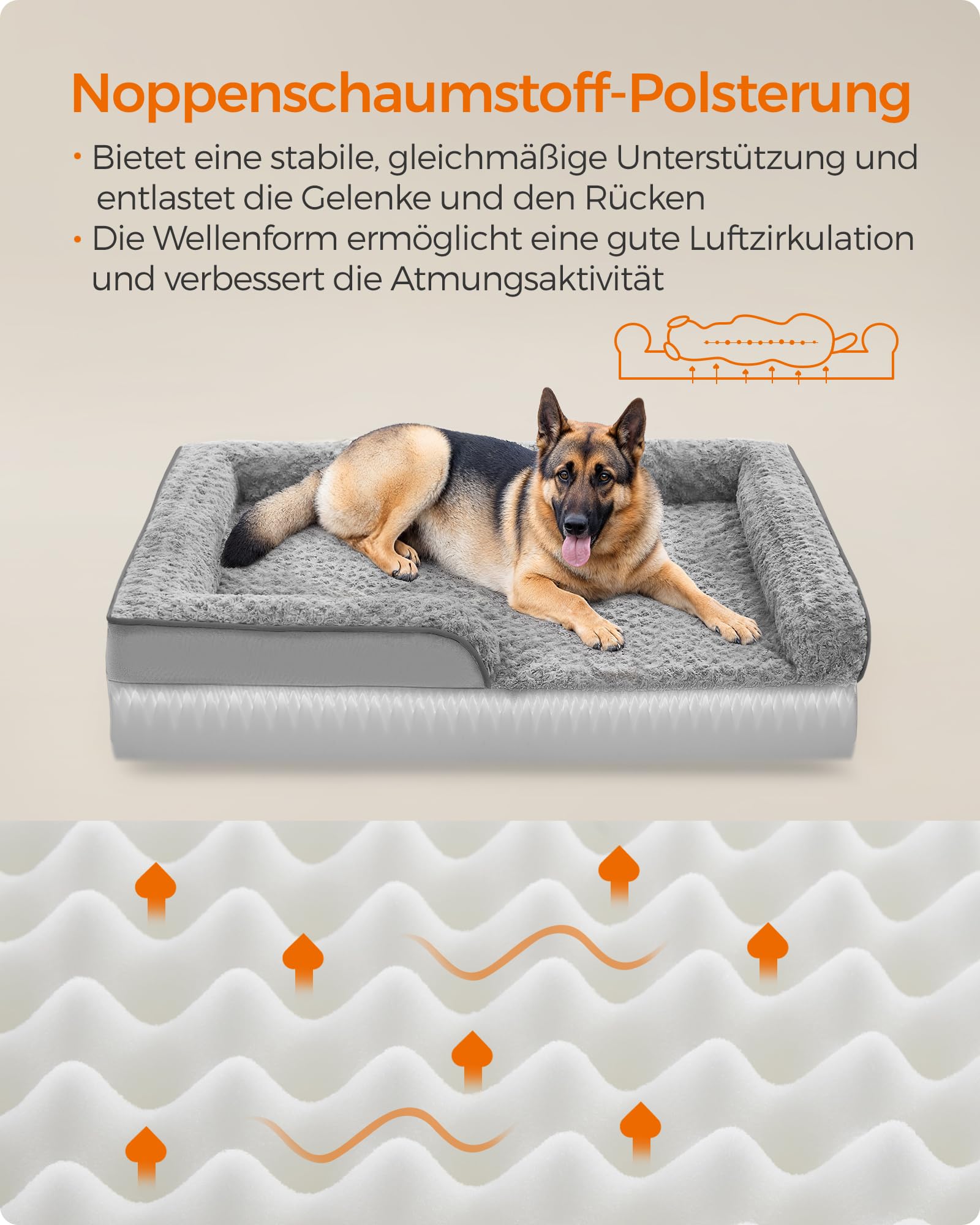 Feandrea Orthopädisches Hundebett für große Hunde, wasserdichtes Hundesofa mit abnehmbarem Plüsch-Bezug, 122 x 85 x 16 cm, Taubengrau PGW254G01