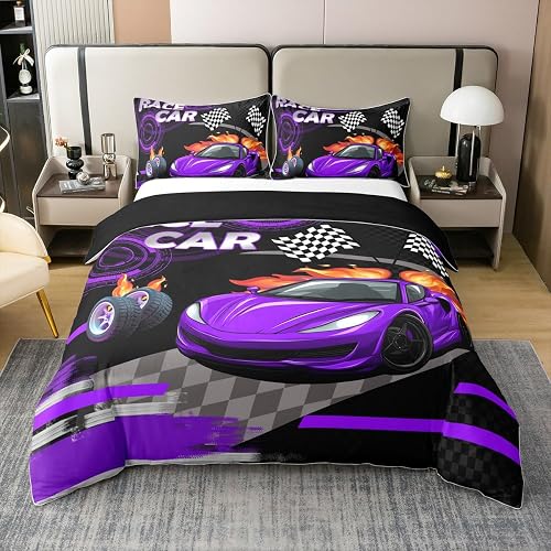 Feelyou 100% Cotton Purple Race car Duvet Cover Twin Size Boys Girls