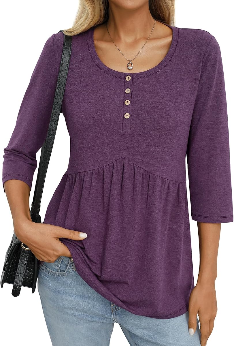 TICTICMIMI Womens 3/4 Sleeve Babydoll Blouse Henley Tops Casual Tunic Shirt