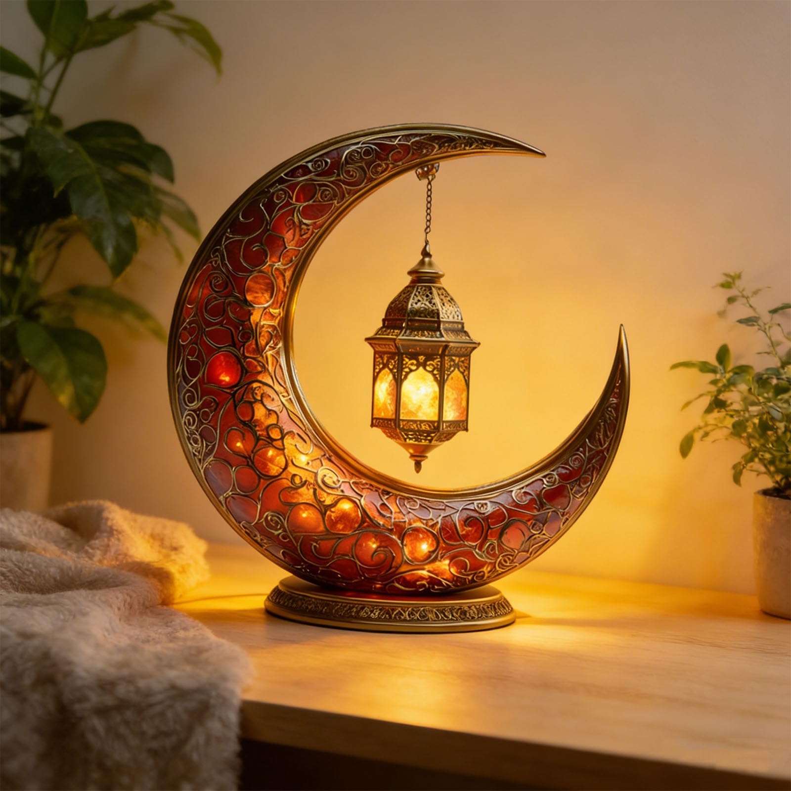 Ramadan Eid Mubarak Ornaments, 2D Crescent and Lantern Acrylic Tabletop Ornament, Lightweight and Durable, Moon Star Light Tabletop Ornament for Ramadan Mubarak Eid Decorations (1PC)