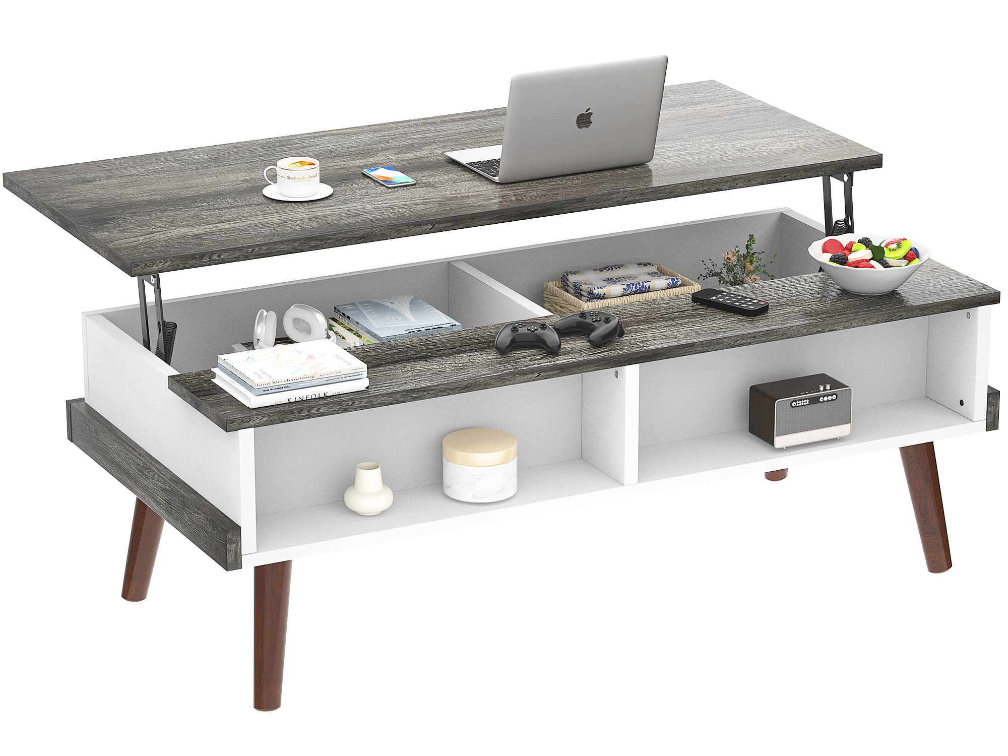 Photo 1 of Aheaplus Lift Top Coffee Table with Storage, 43.3" Modern Center Table Lift Tabletop Wood Dining Table Pop Up Table with Open Shelf for Living Room, Home Office, Black Oak and White