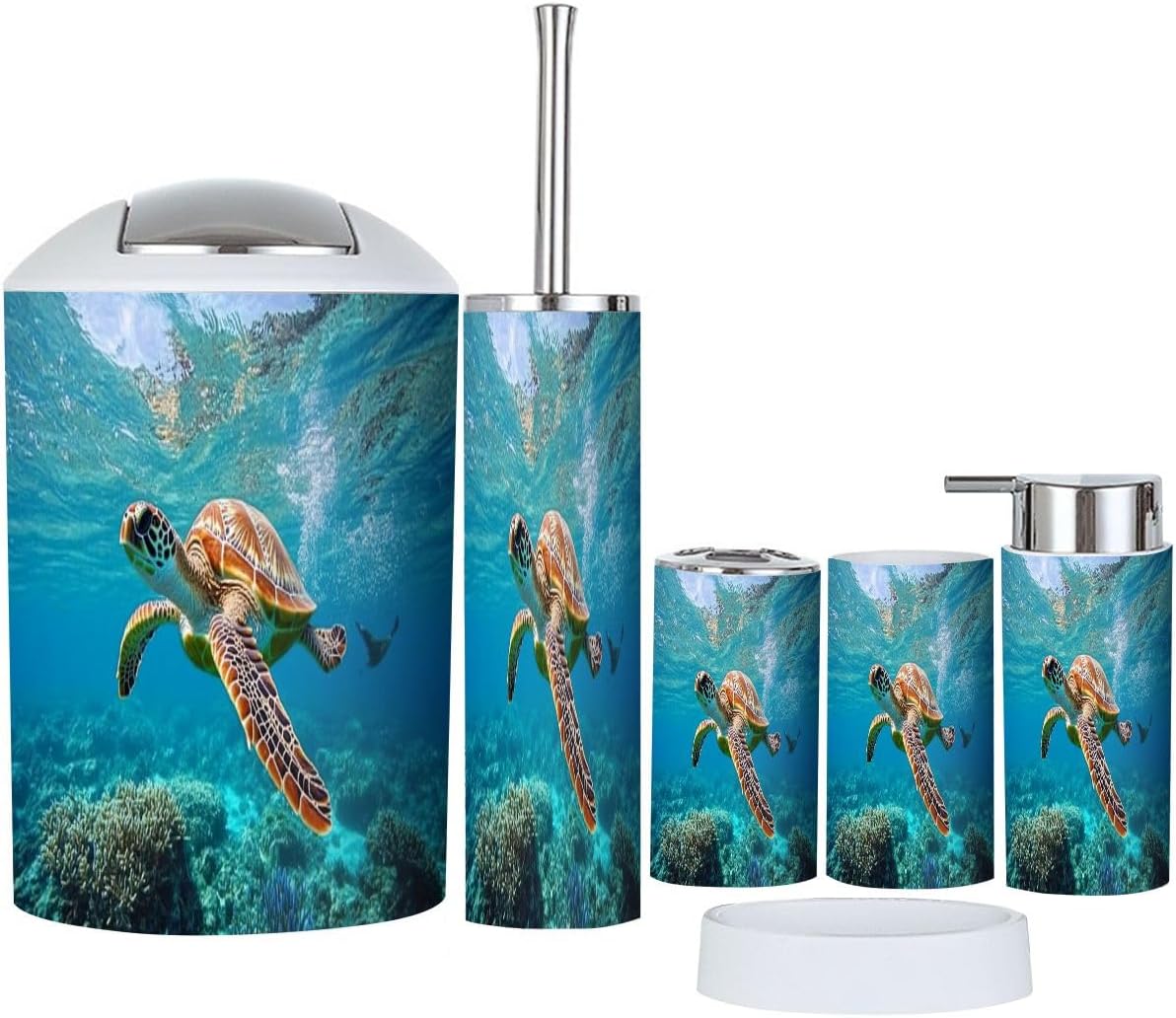 Bathroom Accessories Set 6 Pcs Green sea Turtle Swimming Below Ocean s Surface Toothbrush Holder Cup Soap Dispenser Soap Dish Toilet Brush Holder Trash Can for Countertop Decor
