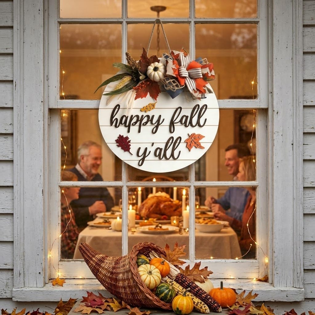 Happy Fall Yall Wreaths,Wooden Door Sign for Front Door with Bow Rustic Fall Door Decorations Hanging for Holiday Farmhouse Home Office Shop Window
