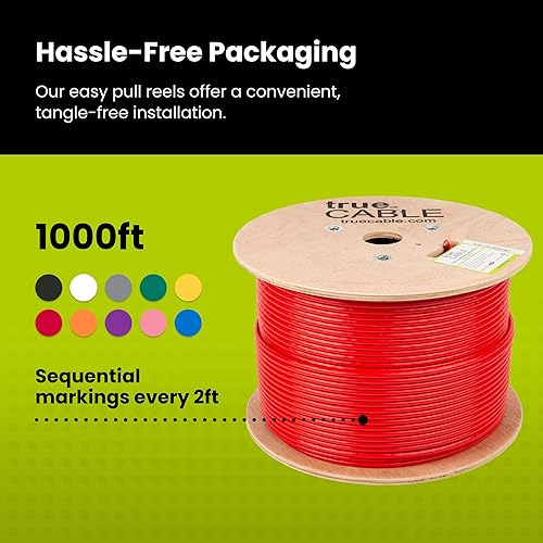 Miniatura 5 de TRUE CABLE Cable Ethernet a granel de elevación blindada Cat6A, 1000 pies, rojo, cobre sólido desnudo 23 AWG, 750 MHz, FUTP, PoE++ 100 W,