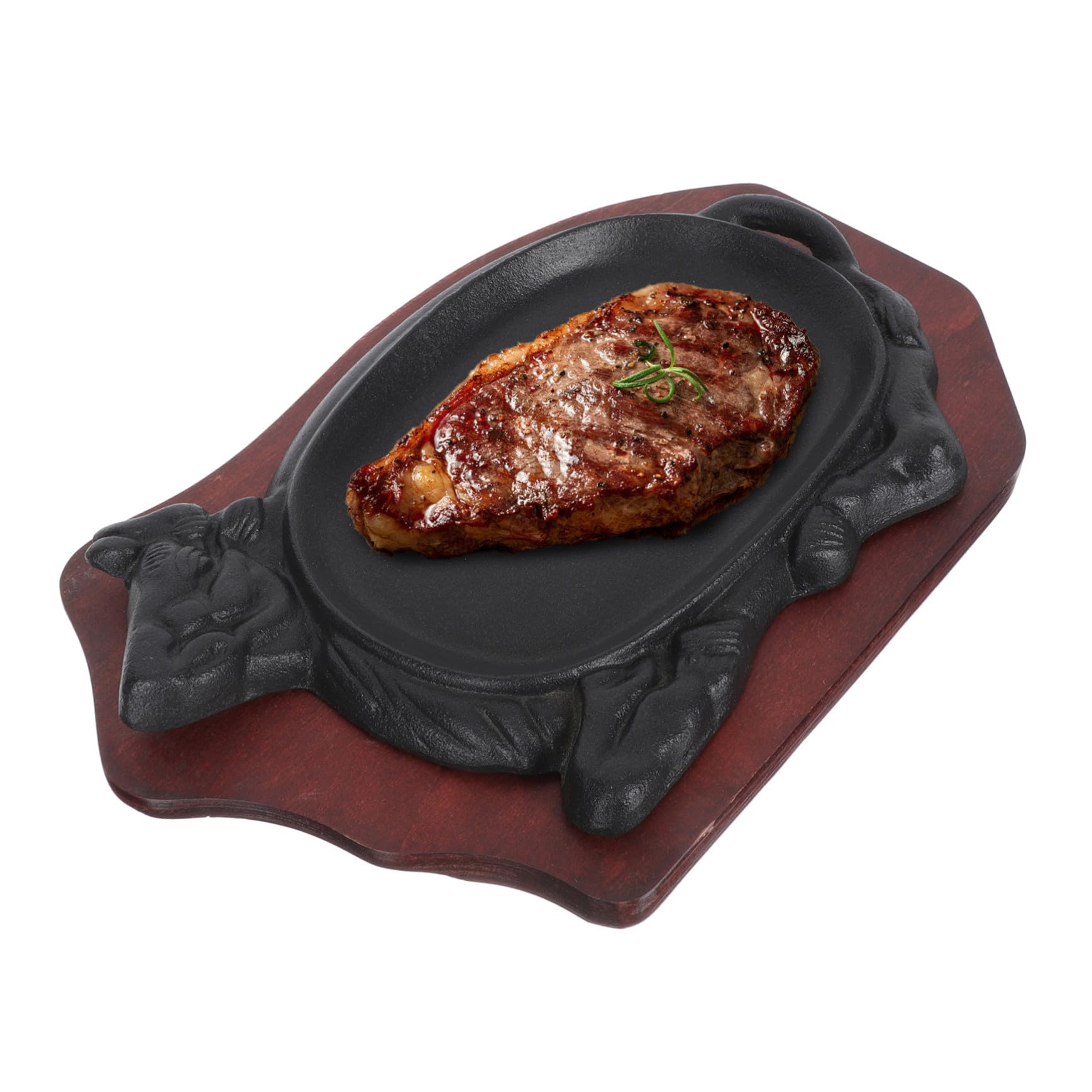 Piastra Bistecca in Ghisa Nera, Set 1 Pezzo Vassoio | Legno Incluso, Forma a Bue, Bordi Lisci senza Sbavature, Leggera e Facile da Trasportare