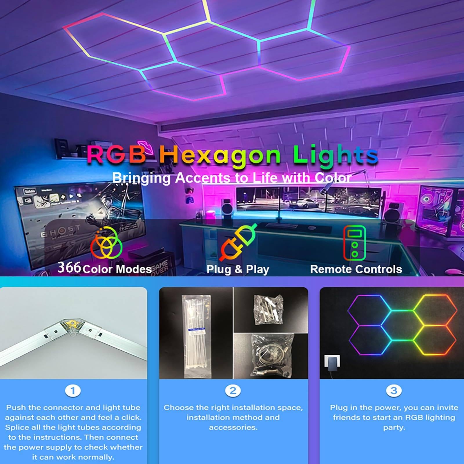 RGB Neon LED Garage Lampada Esagonale Plafoniera LED Nido d'Ape, Light Hexagon RGB con modalità Musicale, Remoto Controllo + App, per Decorazioni da Bar del Seminterrato della Sala da Gioco