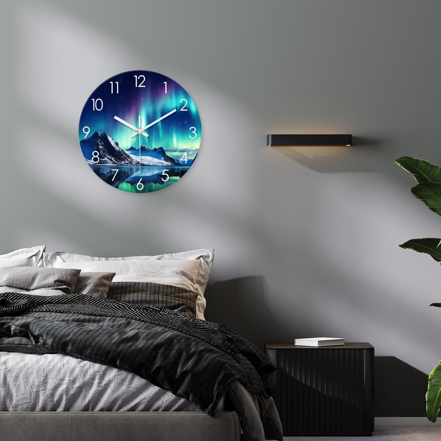 XNM Teal Glass Wall Clocks Battery Operated 12 Inch Aurora Modern Wall Clocks for Living Room Decor Glacier Lake Wall Clock Silent Non Ticking