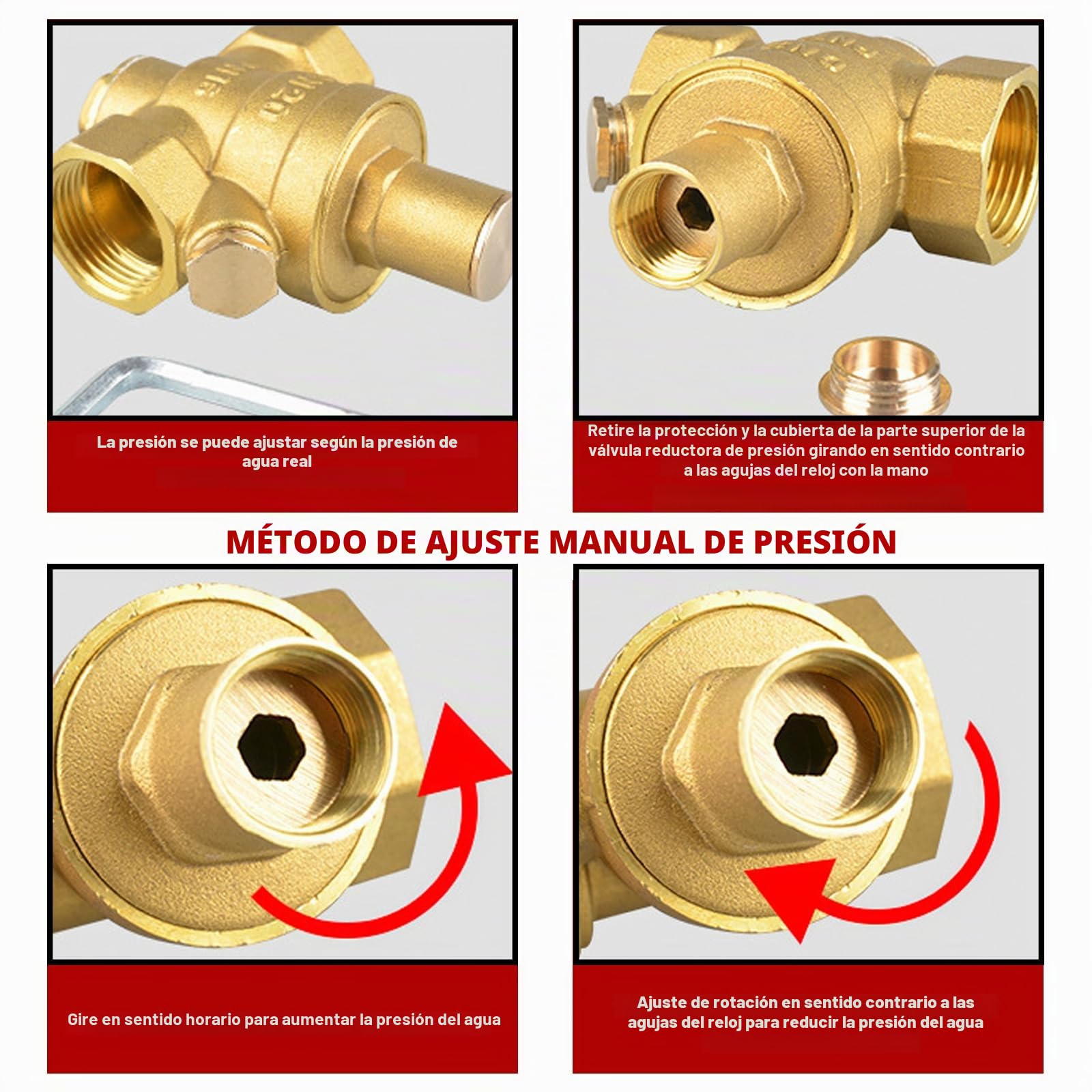 DN20 Reductor de presión de agua: regulador de presión de agua de latón de 3/4 pulgadas con manómetro y herramientas de ajuste, regulador de presión de latón de 1,6 MPa, medidor de presión de