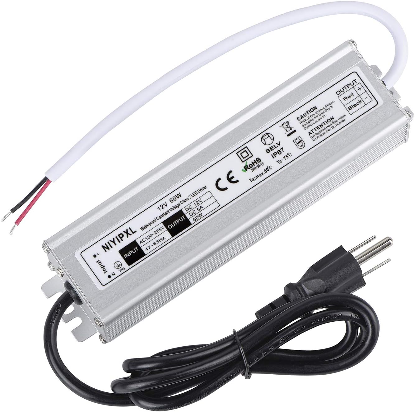 LED Driver 60 Watts Waterproof IP67 Power Supply Transformer Adapter 100V-265V AC to 12V DC Low Voltage Output with 3-Prong Plug 3.3 Feet Cable for LED Light, Computer Project, Outdoor Light