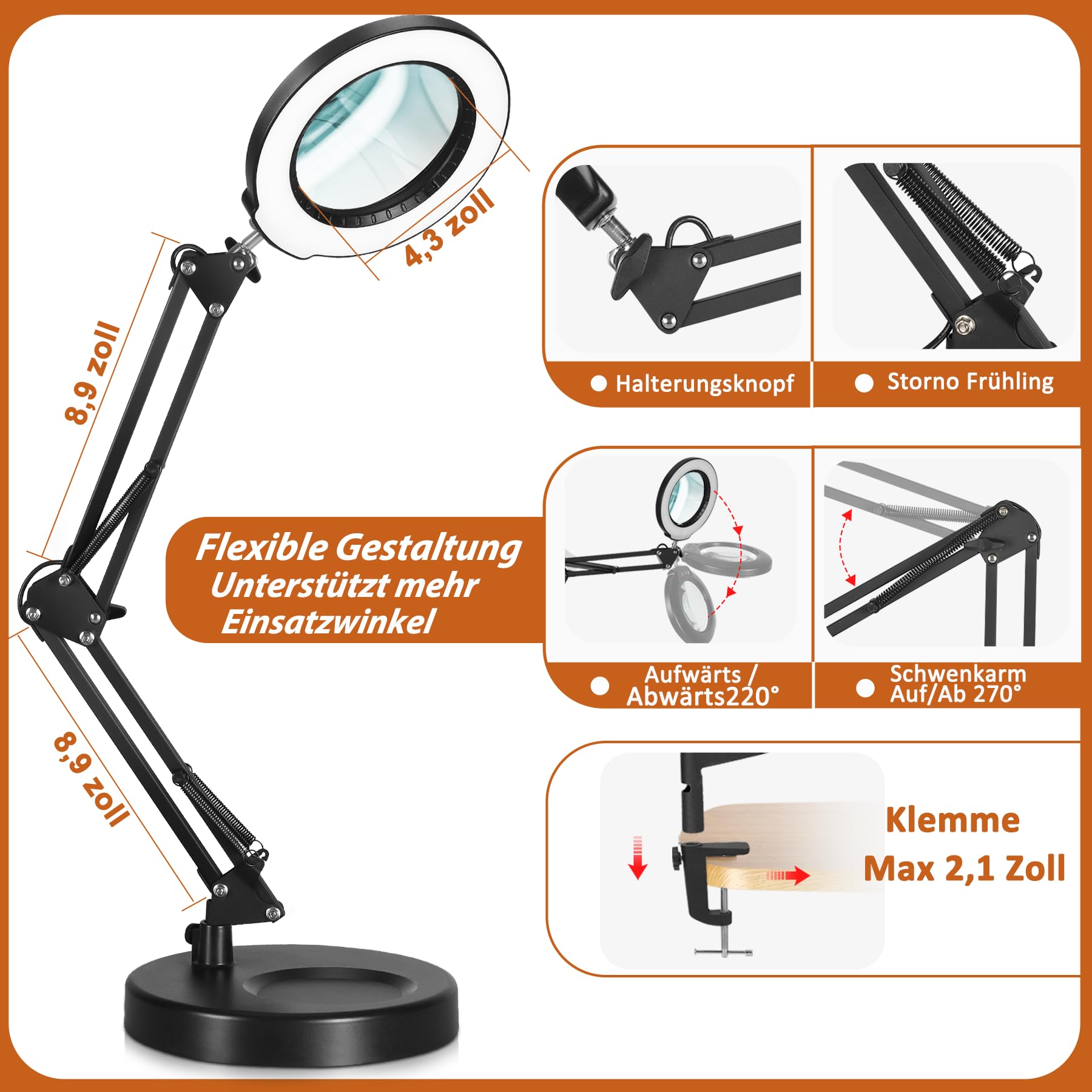 Veemagni Lupa 10X Con Luz, 5 Modos De Color, Lámpara De Escritorio 2 En 1 Regulable Y Abrazadera Lupa Iluminada Led Con Luz Y Soporte Manos Libres