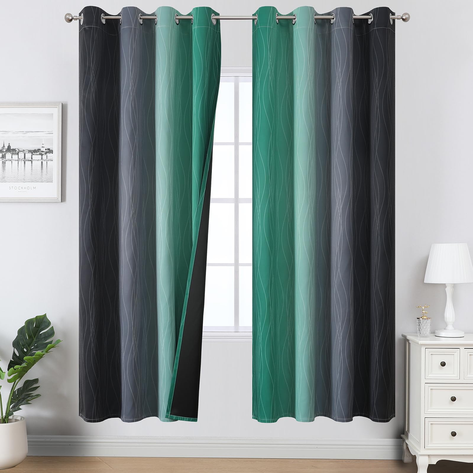 Estelar Textiler Black and Green Ombre Blackout Curtains for Living Room,Energy Efficient Room Darkening Drapes, Grommet Thermal Insulated Window Treatments for Bedroom,52Wx72L,2 Panels