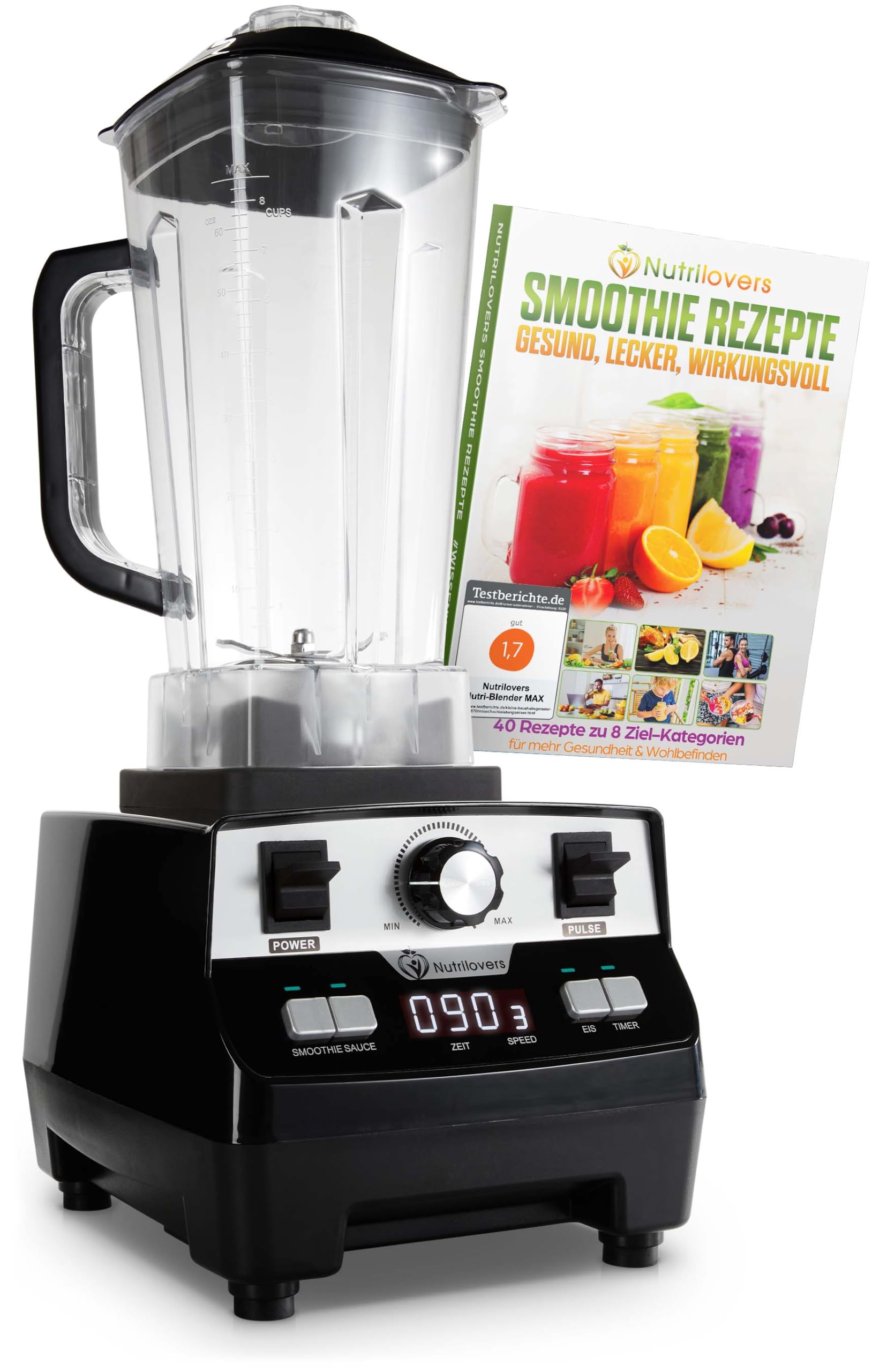 Nutrilovers Wysokiej jakości mikser NUTRI-BLENDER MAX mikser stojący 2000 W, wysoka wydajność, mikser do smoothie, profesjonalny blender, czarny matowy