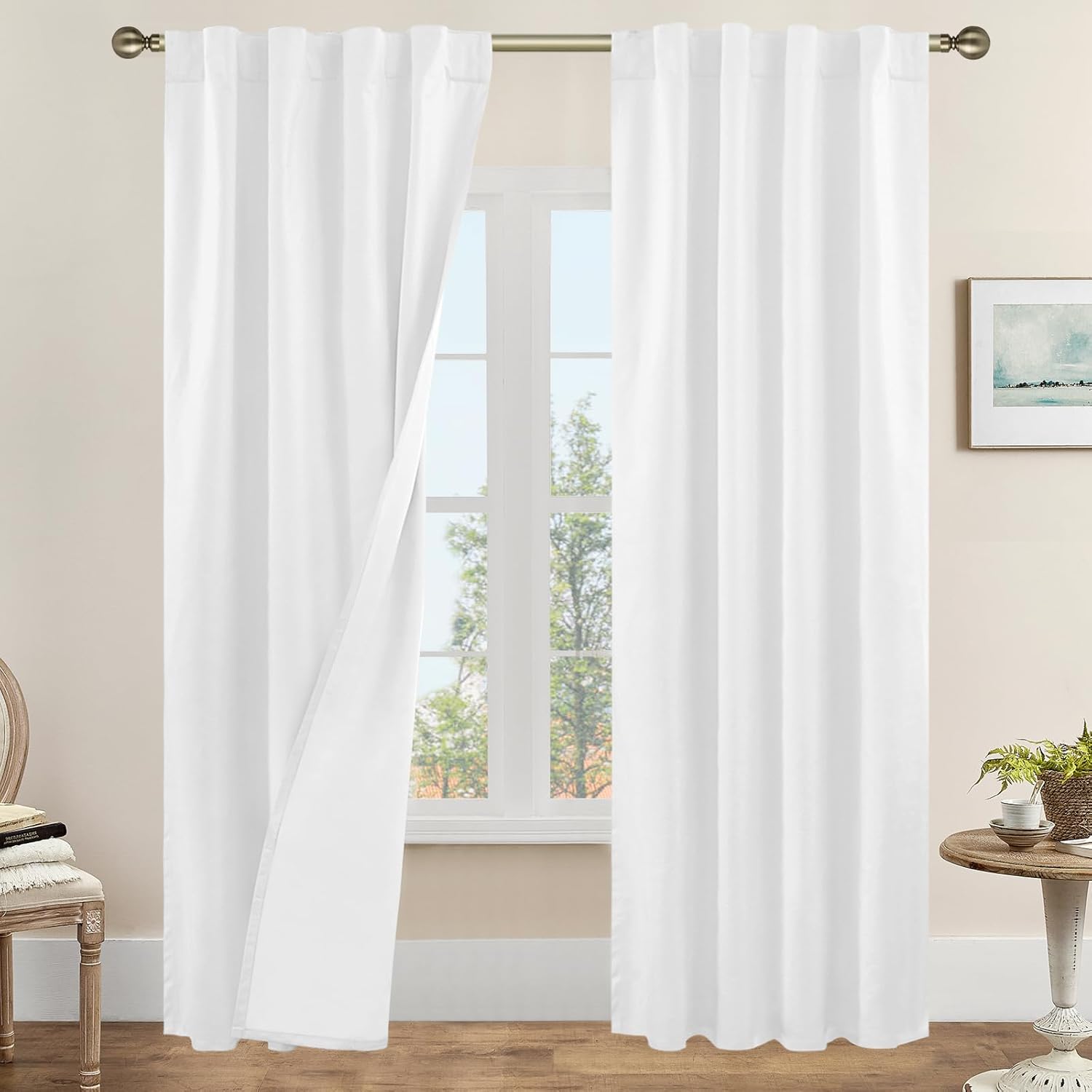 LAMIT White 100% Blackout Linen Curtains 84 Inches Long, Linen Textured Living Room Bedroom Curtains Full Room Darkening Back Tab and Rod Pocket Panels with White Liner, 2 Panels, 38 x 84 Inch 38\"W x 84\"L (Pack of 2) White