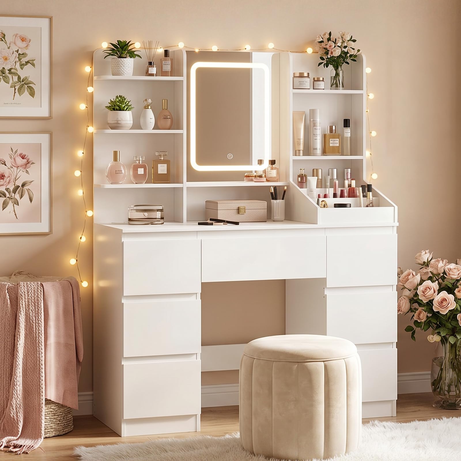 HOOBRO Schminktisch mit Ladestation (2X Steckdose, 1x USB-A, 1x Typ C), Schminktisch mit LED-Licht, 7 Schubladen, 5 offenen Fächern, inkl. Spiegel, für Schlafzimmer, Ankleidezimmer, Weiß