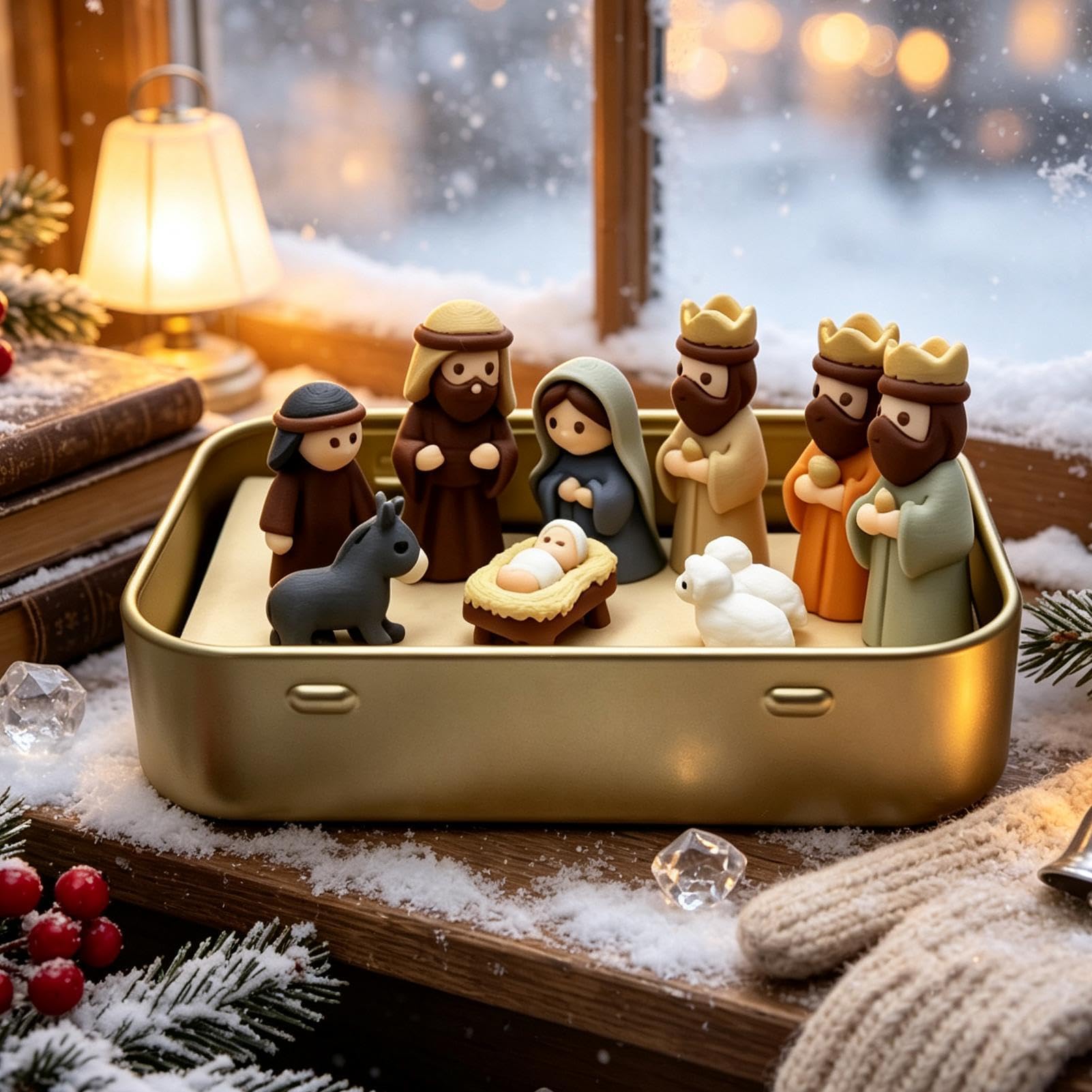 Nativity Scene Set Religious Pocket-size Mini Nativity In A Tin Box