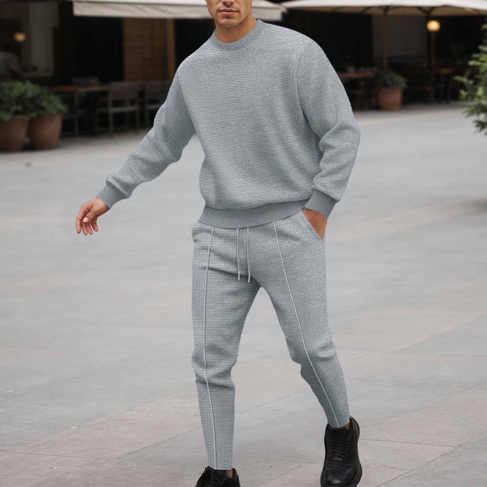 Generisch Tuta per il tempo libero, da uomo, per l'autunno, 2 pezzi, a maniche lunghe, girocollo, motivo a nido d'ape, tinta unita, comoda, casual, streetwear