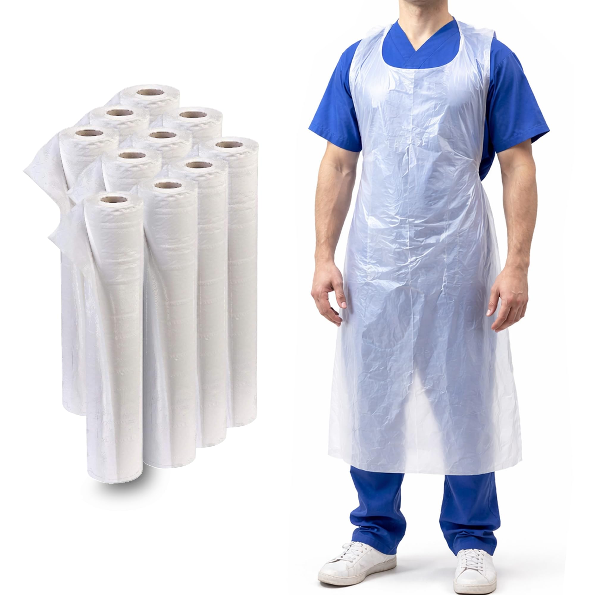 SITE KING Disposable Aprons on Roll, 100 Aprons per Roll, Waterproof & Lightweight PE, Tear-Off Design, Food Safe Hygiene Aprons for Catering, Cleaning & Medical Use (100)