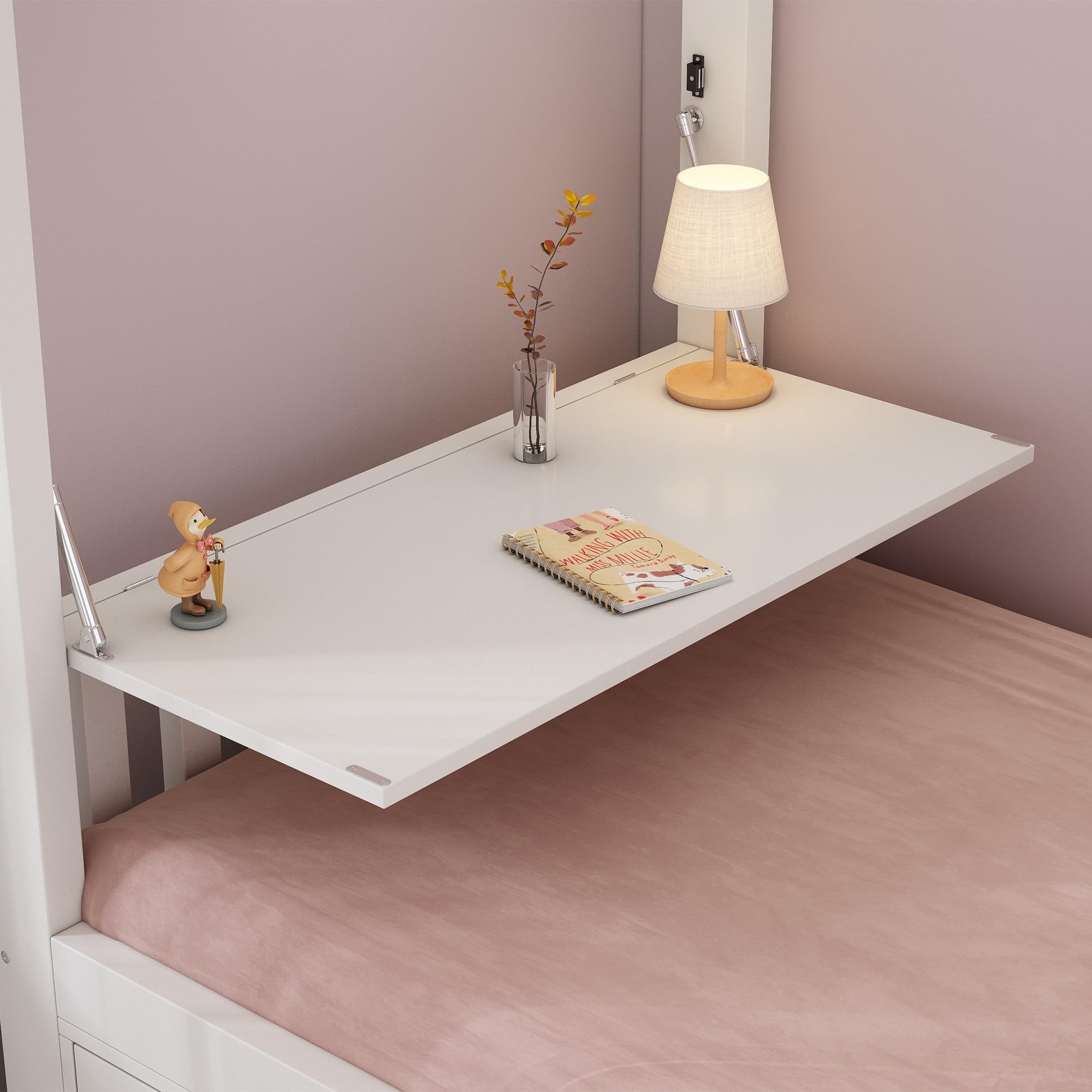 Łóżko piętrowe 90 x 200 cm, ze składanym blatem, regał na buty, stelaż pod materac, sprawdzone pod kątem oszczędzającego miejsce,