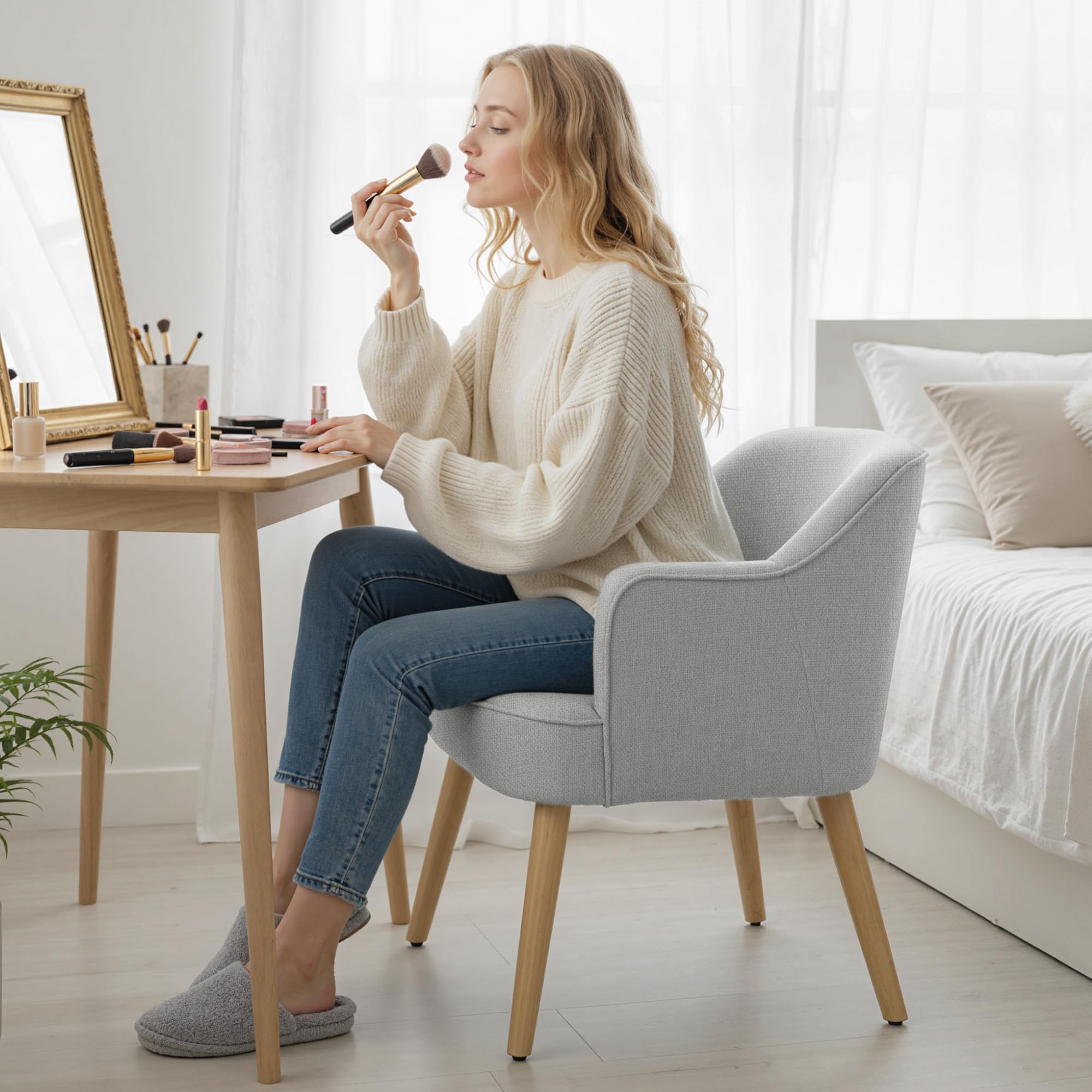 HOMCOM Butaca de Salón Moderna en Lino con Patas de Madera 120kg Gris Claro | Sillón Lectura Tapizado, Reposabrazos Acolchado Grueso, Almohadillas Ajustables, para Dormitorio Oficina Estudio