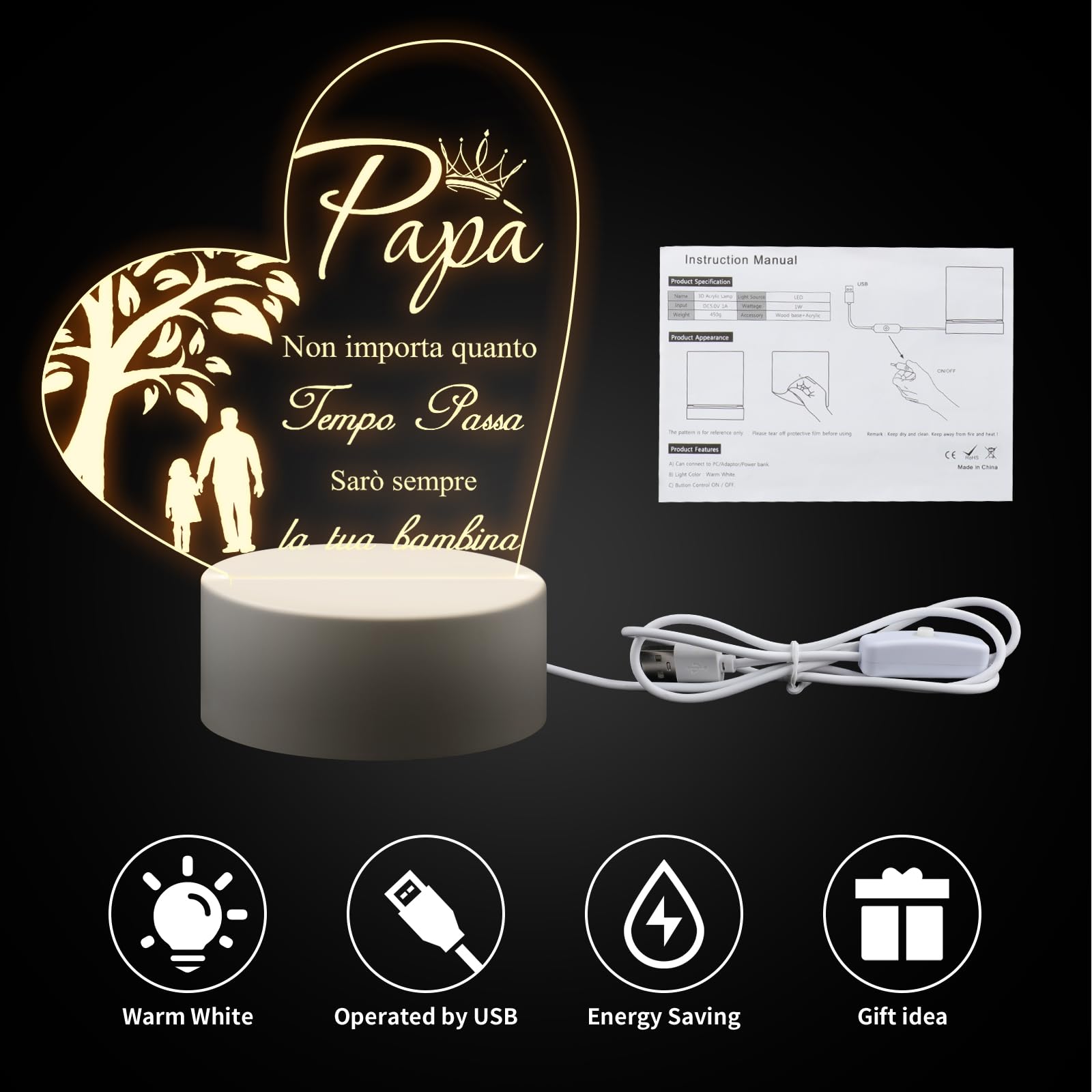 PRSTENLY Regalo Papà, Acrilica Lampada Regalo Papa Uomo Compleanno, Idee Regali Per Papà Compleanno Natale Festa Della Papà