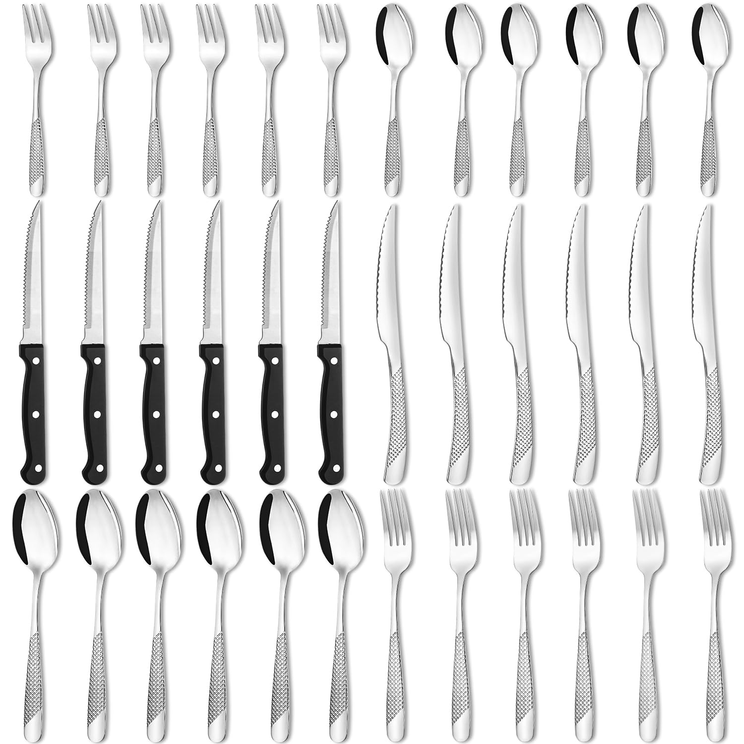 Set Posate Acciaio Inox 36 Pezzi per 6 Persone, 6 Forchette, 6 Forchette da Dolce, 6 Coltelli, 6 Cucchiai, 6 Cucchiaini e 6 Coltelli da Carne, Lavabile in Lavastoviglie