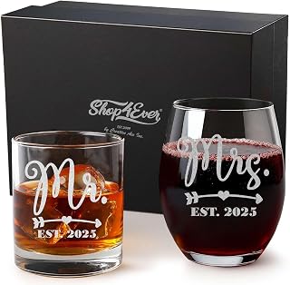 shop4ever Set of 2 Mr. and Mrs. Established 2025 Engraved Whiskey 11 oz. and Stemless Wine Glass 15 oz. Couples Wedding Gift Set with Box