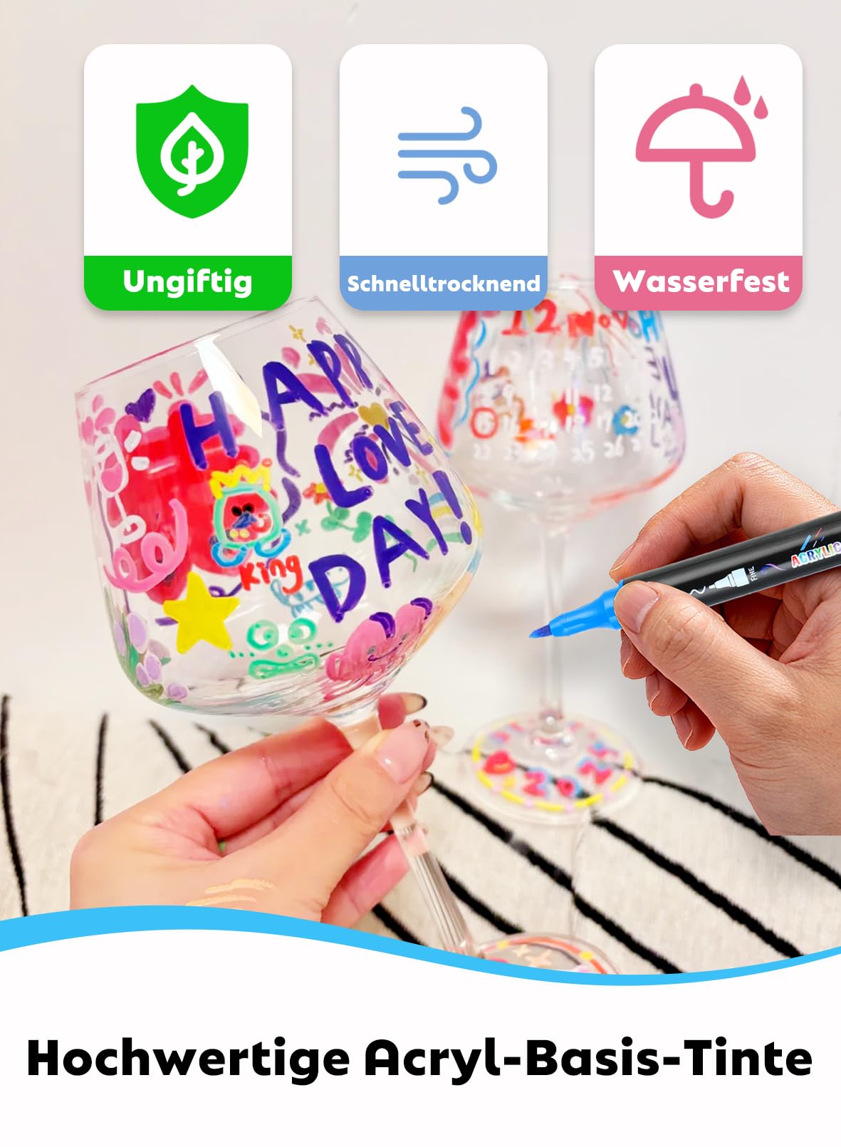 60 Farben Acrylstifte Set mit Doppelspitze Acrylmarker (Pinsel & Feine) | Vielseitig einsetzbar | Starke Deckkraft | Farbecht | Wasserfest | Acrylic Marker für Holz, Leinwand, Stein, Glas, Keramik