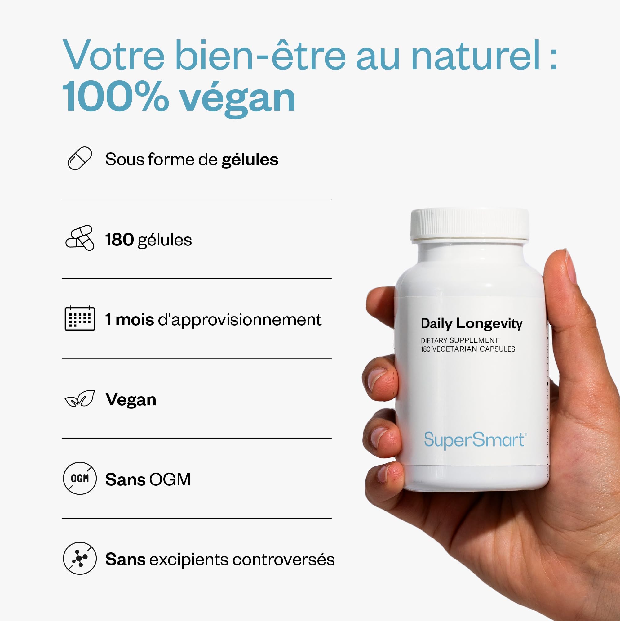 Daily Longevity - Complément Alimentaire Anti-Âge Tout-En-Un - SuperSmart | Énergie et Longévité Cellulaire - PQQ, CoQ10, NAC, Quercétine, Fisétine, Trans-Resvératrol - 180 Gélules Véganes