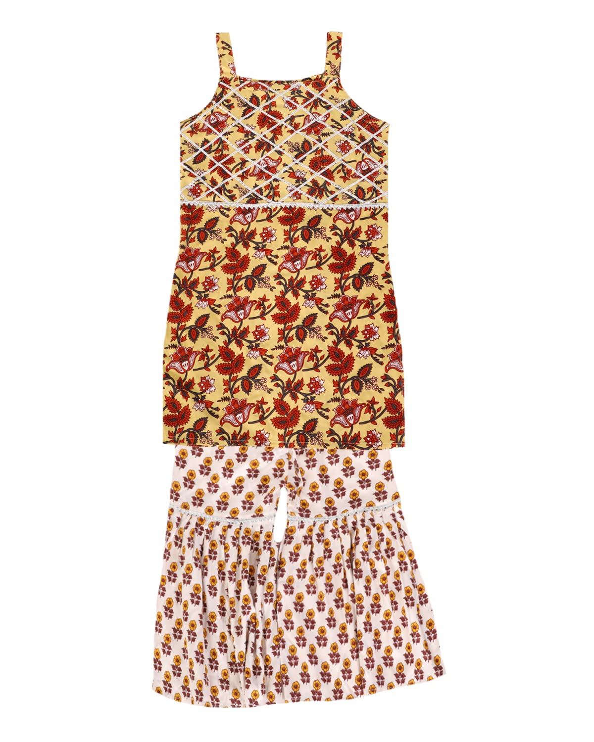 Baby Girls Cotton Sanganeri Printed Long Without Sleeves Kurti and White Base Sharara Dress with Gotta Work