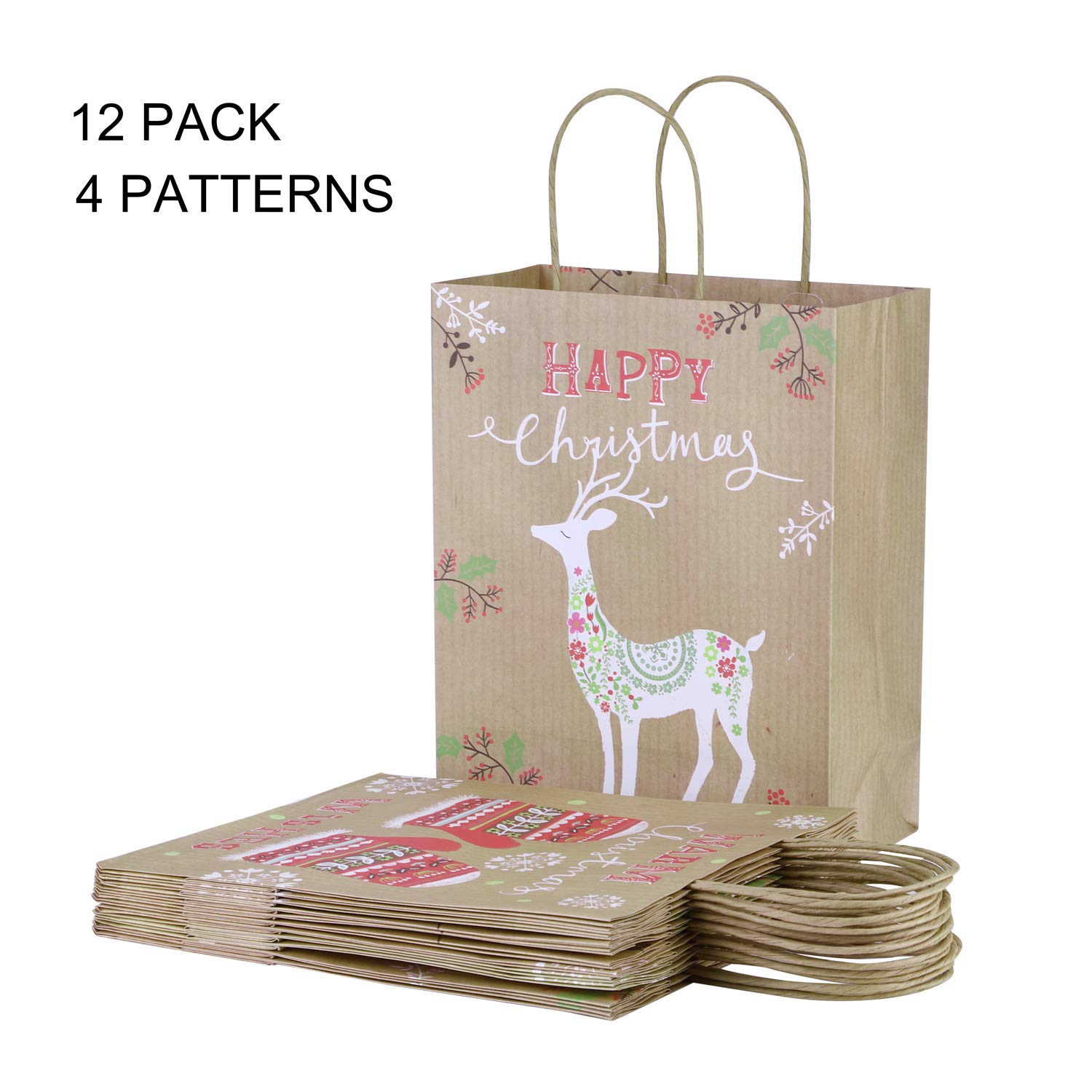 12 Sacchetti Regalo Natalizi Con Babbo Natale - 32x26x12 Cm, In Carta Riciclata, Con Manici - 5