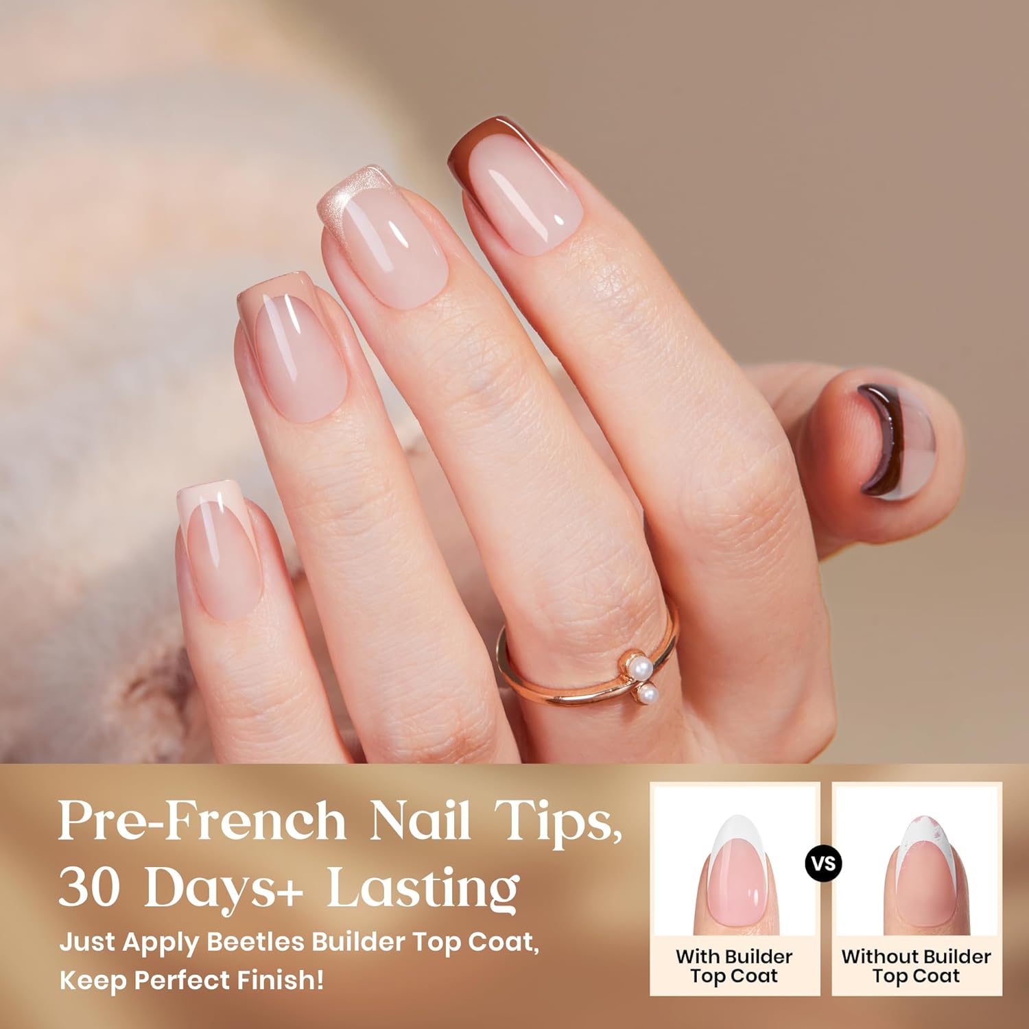 Beetles Press On Nails Kit-Mocca Mousse French | 7 Colors Short Square French Tip Press On Nails | 224Pcs 16 Sizes All-in-One Kit Nails With Nail Glue,Remover,Builder Top Coat,Nail Lamp