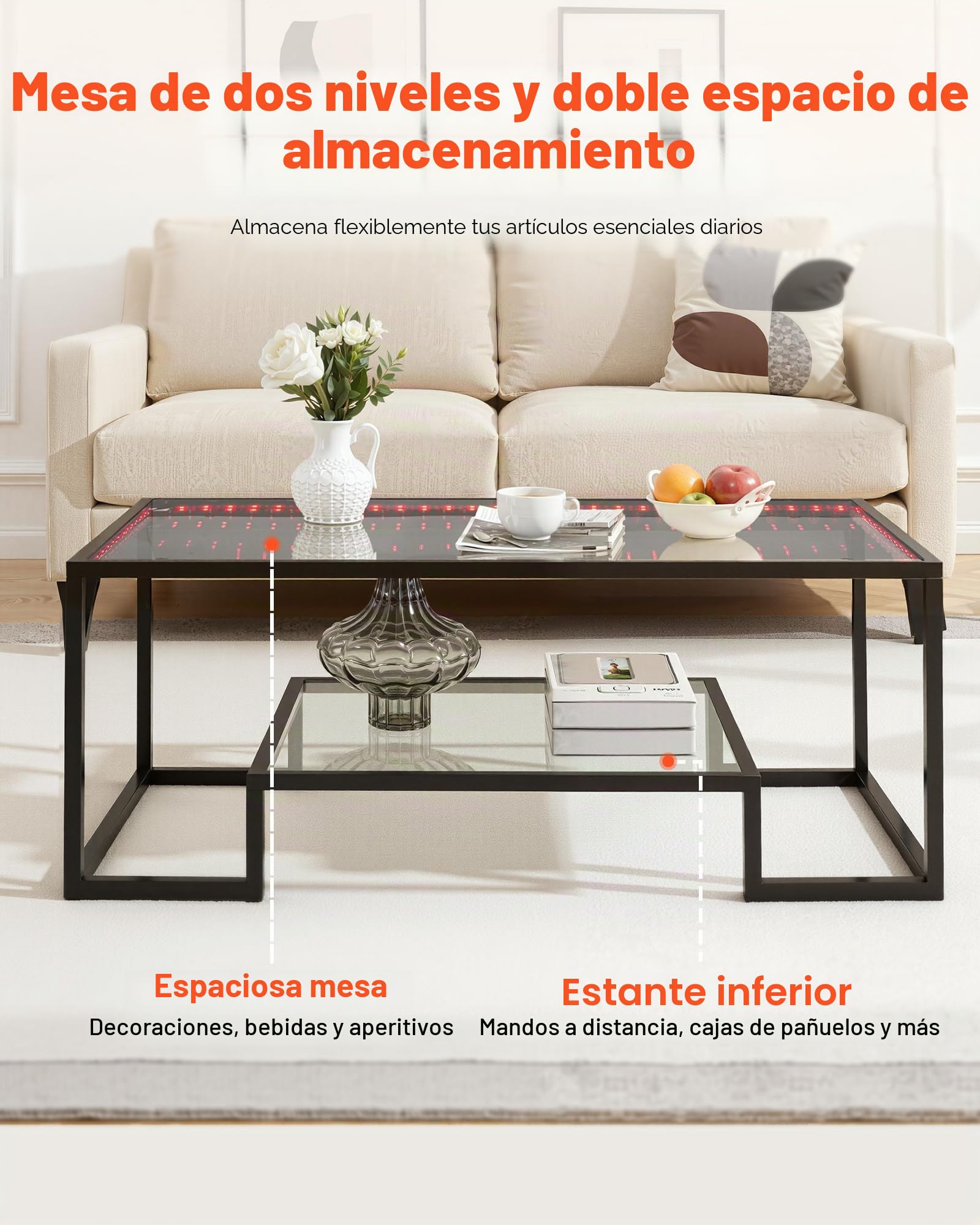 VEVOR Mesa Auxiliar de Cristal Templado con Iluminación, Rectangular, con Dos Niveles y Espacio de Almacenamiento Abierto, Estilo Industrial Moderno, para Salón u Oficina, 100 x 51 x 48 cm, Negro