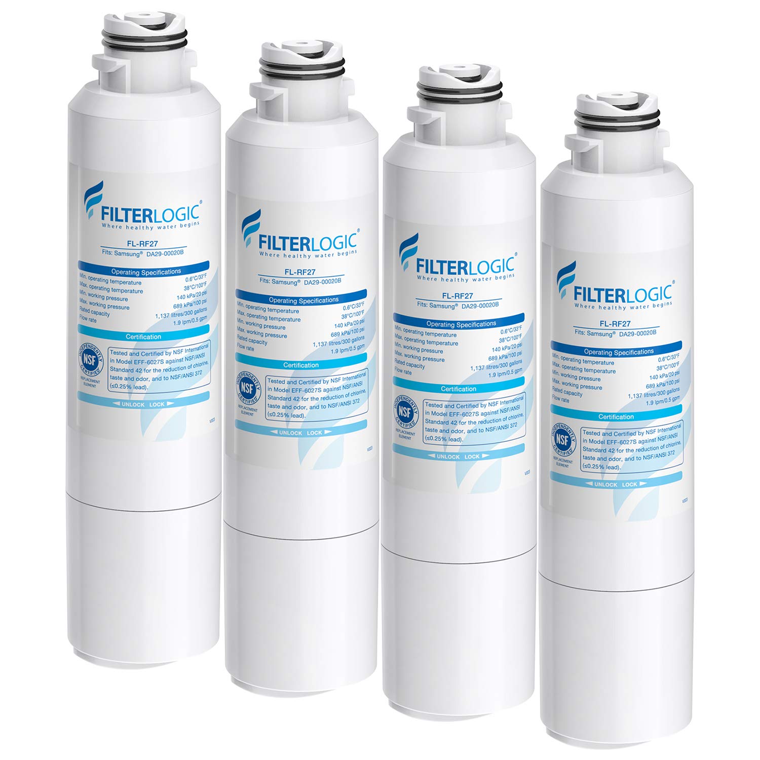 Filterlogic DA29-00020B Refrigerator Water Filter Replacement for Samsung HAF-CIN HAF-CIN/EXP DA29-00020A/B DA97-08006A RF28HMEDBSR RF4287HARS RF263TEAESGï¼ŒNSF 53&42 Certified(Pack of 4)
