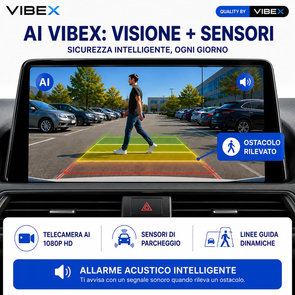 VIBEX Telecamera AI Posteriore AI 1080P | con Allarme Acustico SONORO| Compatibile con Autoradio Android e Monitor Auto | Impermeabile, Visione Notturna | Cavo 6 Metri