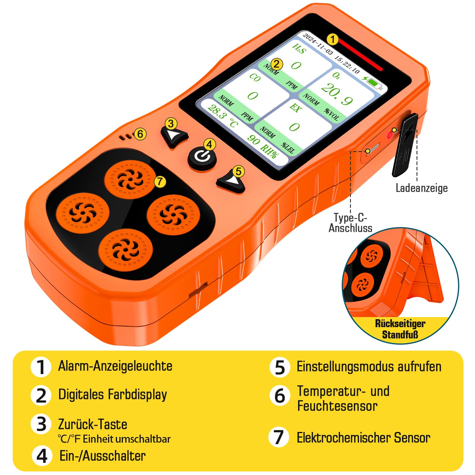 4 Gasmelder, Tragbar 4 Gas Monitor für H2S, CO, LEL und O2 Analysator, Wiederaufladbarer 4 Gasdetektor mit Ton, Licht und Vibration, Orange