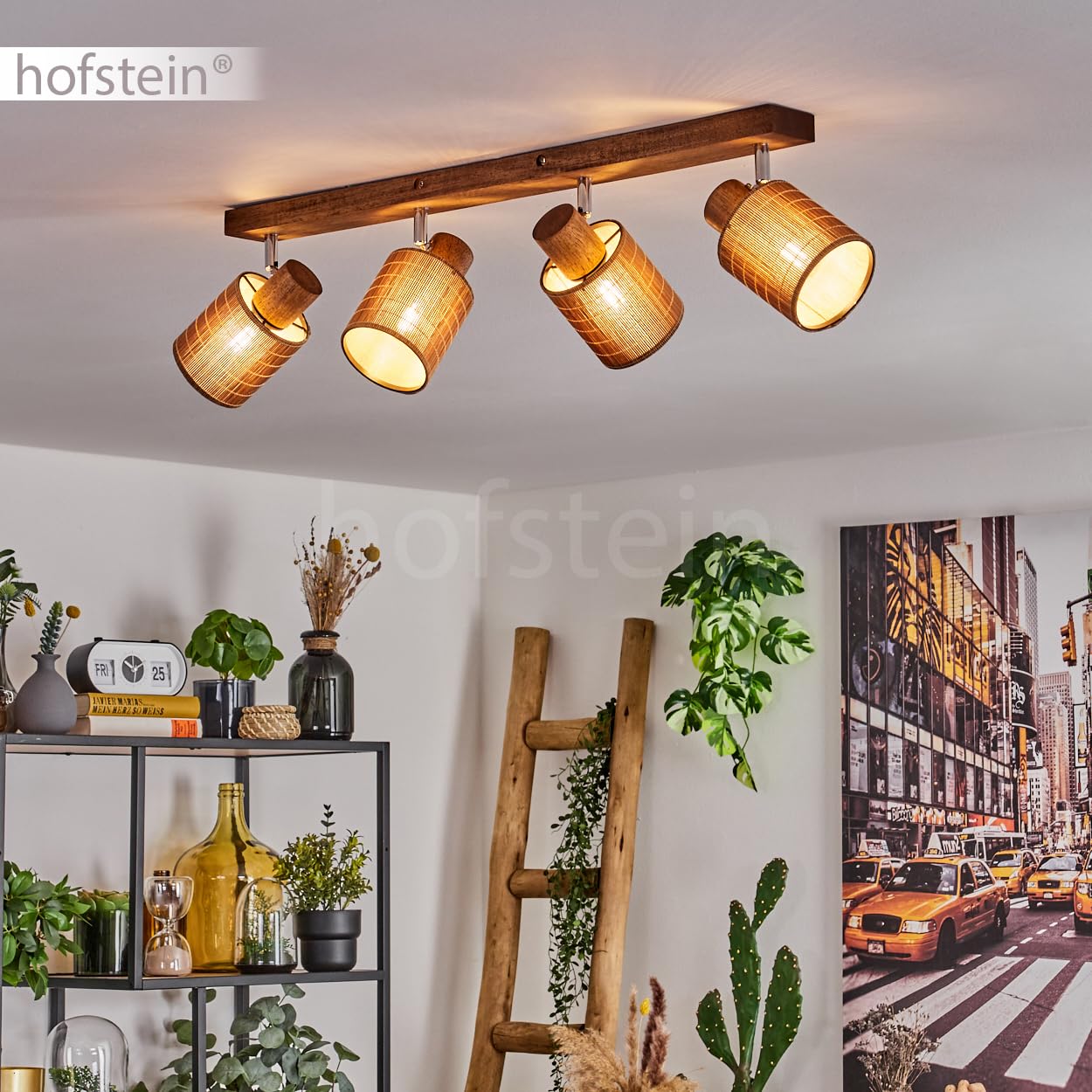 Plafoniera Kinnared, lampada da soffitto moderna in legno/metallo/bambù in marrone scuro/cromato/naturale, lampada a 4 luci in design scandinavo con faretti regolabili, 4 x E14, senza lampadine