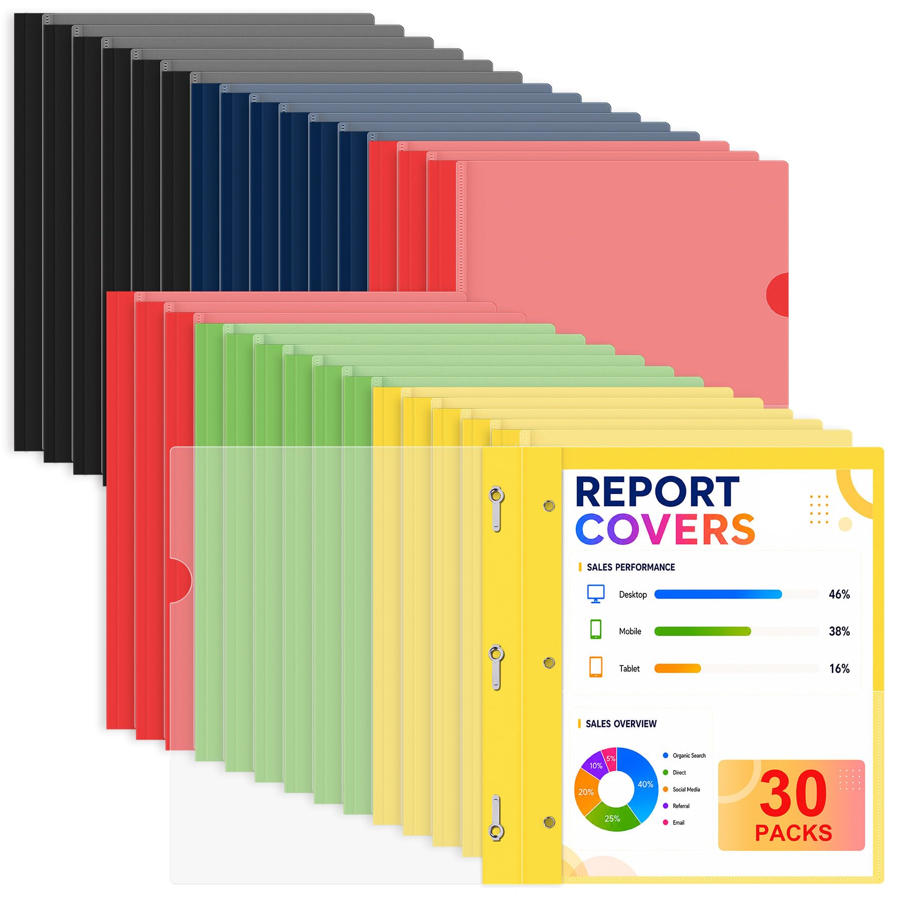 Ndsox 30 Pack Clear Front Report Covers with 3-Prong Fasteners, Letter Size