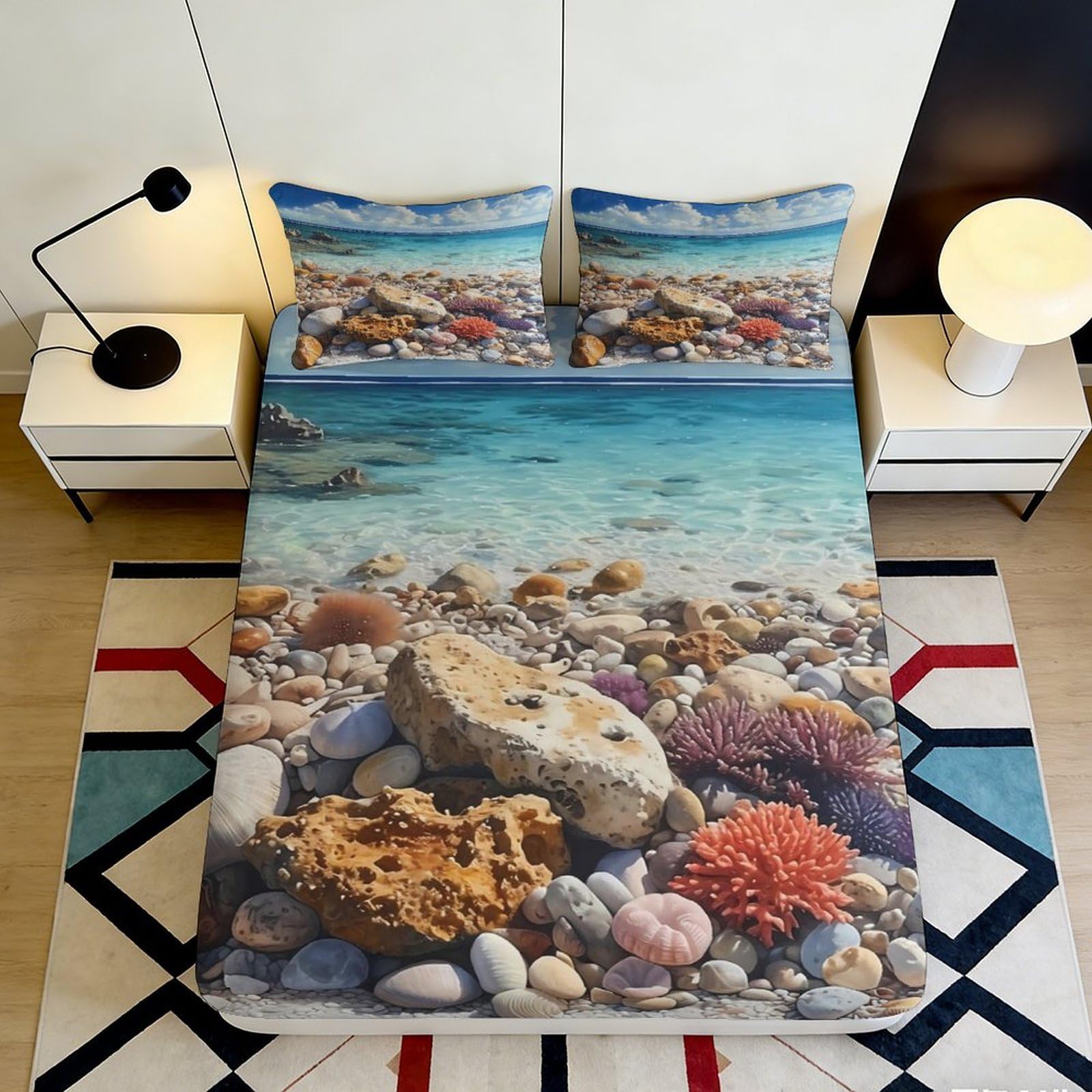 3D Printed Coral Reef Fitted Sheet Microfiber Deep Pocket Bedroom Bedding Ocean Mattress Fitted Cover Washable Full Wrap Mattress Protection 200x200x25cm